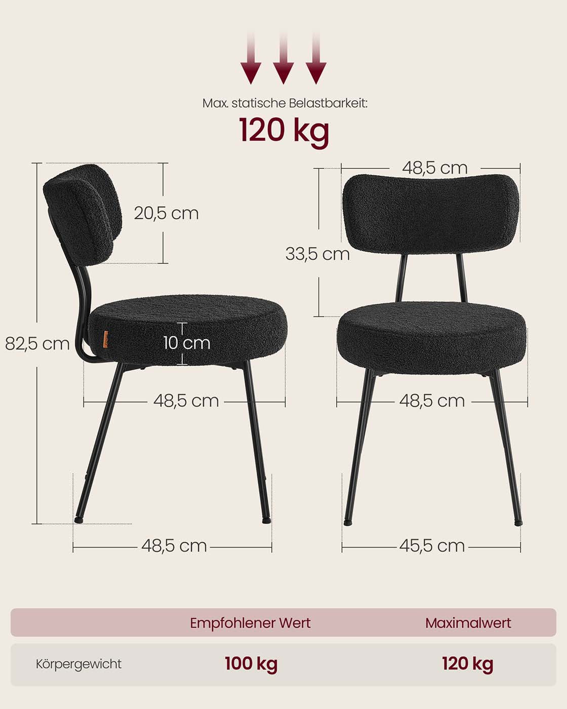 Moderne Esszimmerstühle – 2er-Set – Mit Vlies gepolstert – Runde Sitzfläche mit Rückenlehne