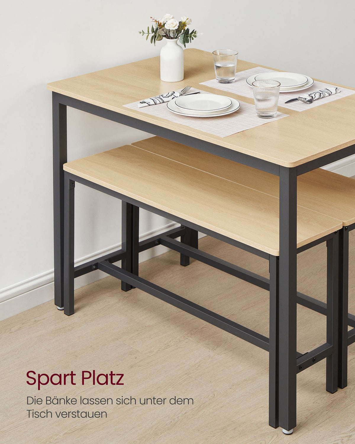 Esstisch-Set – Esstisch mit 2 Bänken – Küchenset mit 2 Esszimmerstühlen