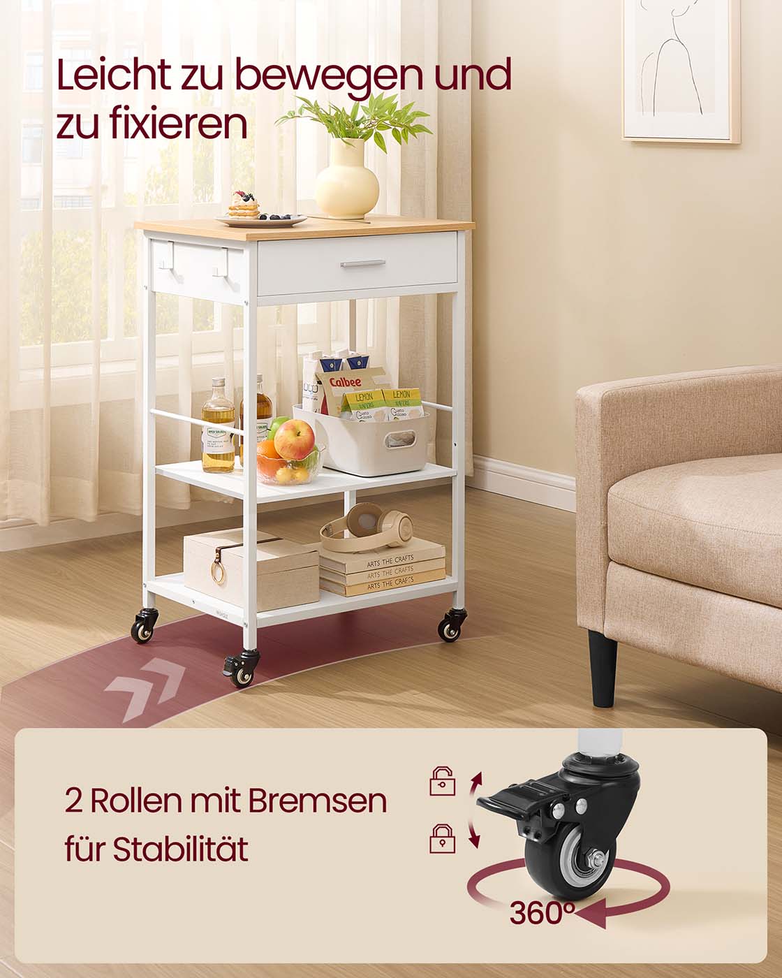 Mobiler Küchenwagen mit Schublade und Ablagen – Beweglich und abschließbar – Ideal für kleine Küchen – Modernes Eichen-Weiß-Finish