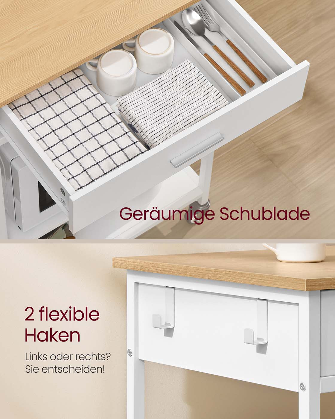 Mobiler Küchenwagen mit Schublade und Ablagen – Beweglich und abschließbar – Ideal für kleine Küchen – Modernes Eichen-Weiß-Finish