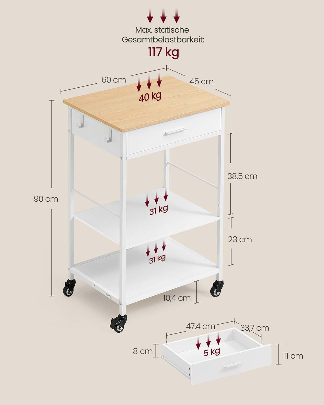 Mobiler Küchenwagen mit Schublade und Ablagen – Beweglich und abschließbar – Ideal für kleine Küchen – Modernes Eichen-Weiß-Finish