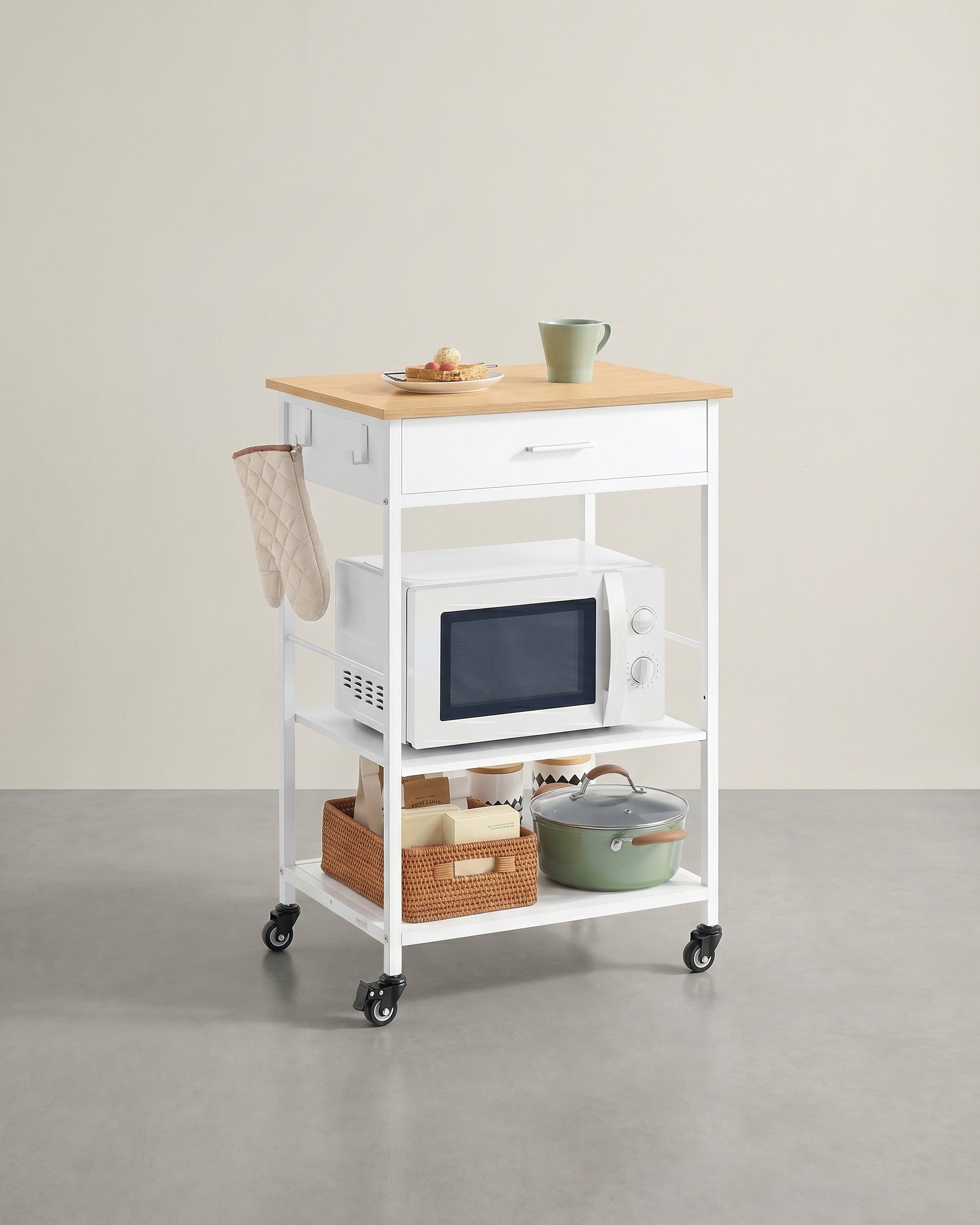 Mobiler Küchenwagen mit Schublade und Ablagen – Beweglich und abschließbar – Ideal für kleine Küchen – Modernes Eichen-Weiß-Finish – Einzel