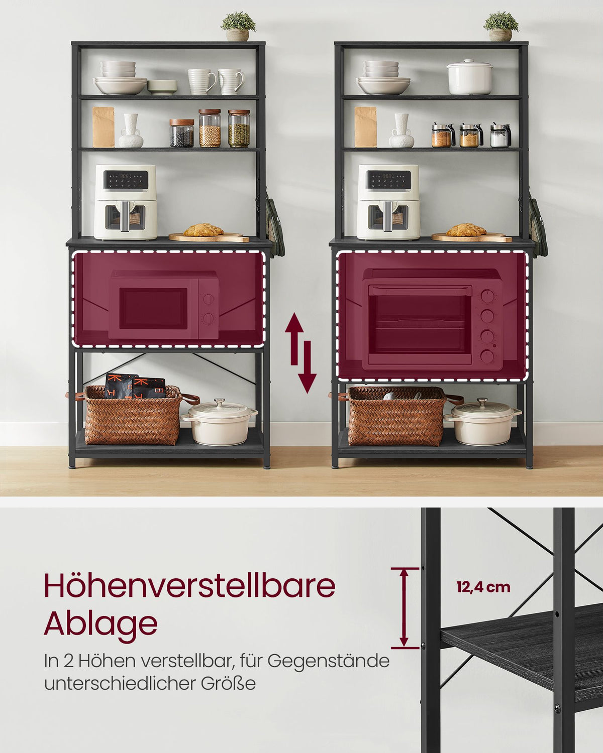 Küchenregal im Industriestil mit 4 Ablagen – mit 6 S-Haken – verstellbaren Beinen – Küchenschrank