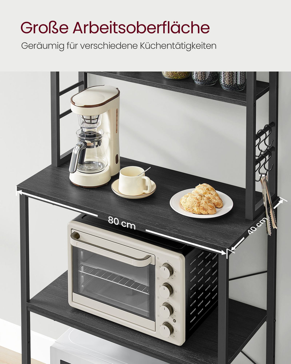 Küchenregal im Industriestil mit 4 Ablagen – mit 6 S-Haken – verstellbaren Beinen – Küchenschrank