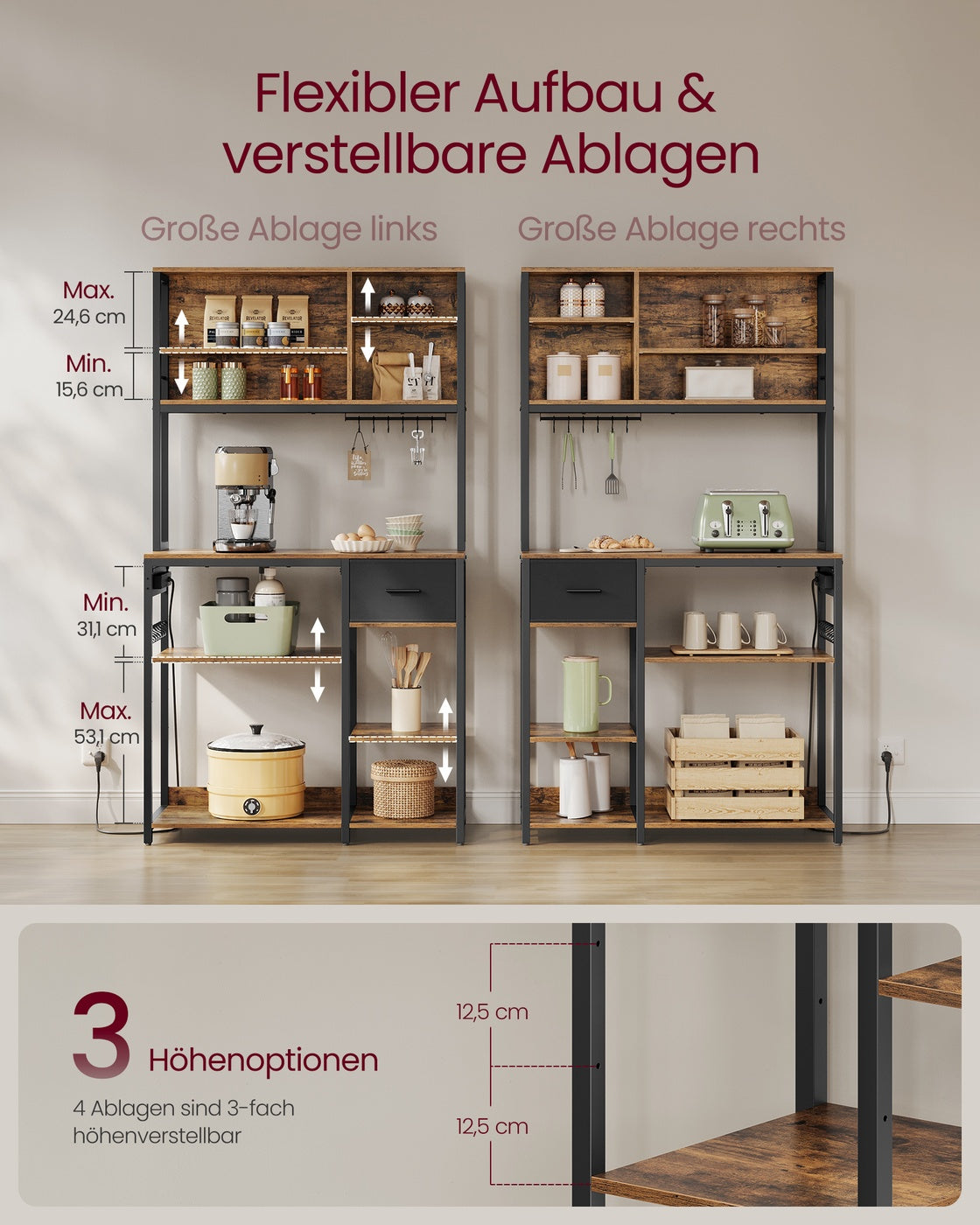 Küchenregal mit integrierter Steckdose – 100 cm breit – mit Stoffschublade, verstellbaren Regalböden und 12 Haken