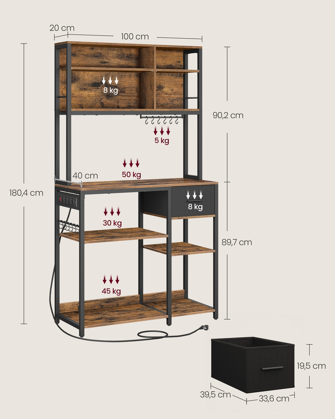 Küchenregal mit integrierter Steckdose – 100 cm breit – mit Stoffschublade, verstellbaren Regalböden und 12 Haken