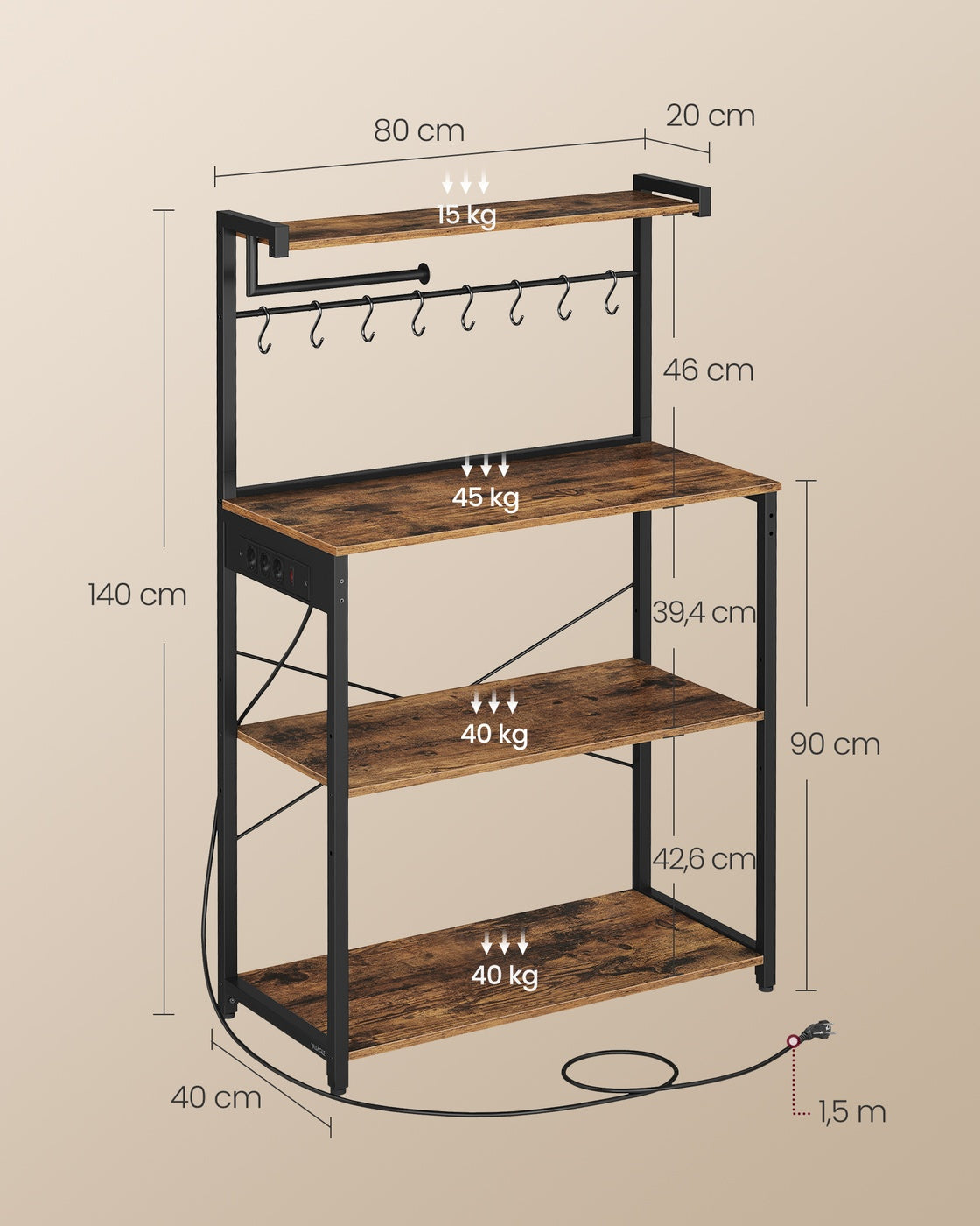 Küchen-Standregal mit Steckdose – Mikrowellenregal mit verstellbarem Regalboden – 60 x 40 x 140 cm – Industriedesign
