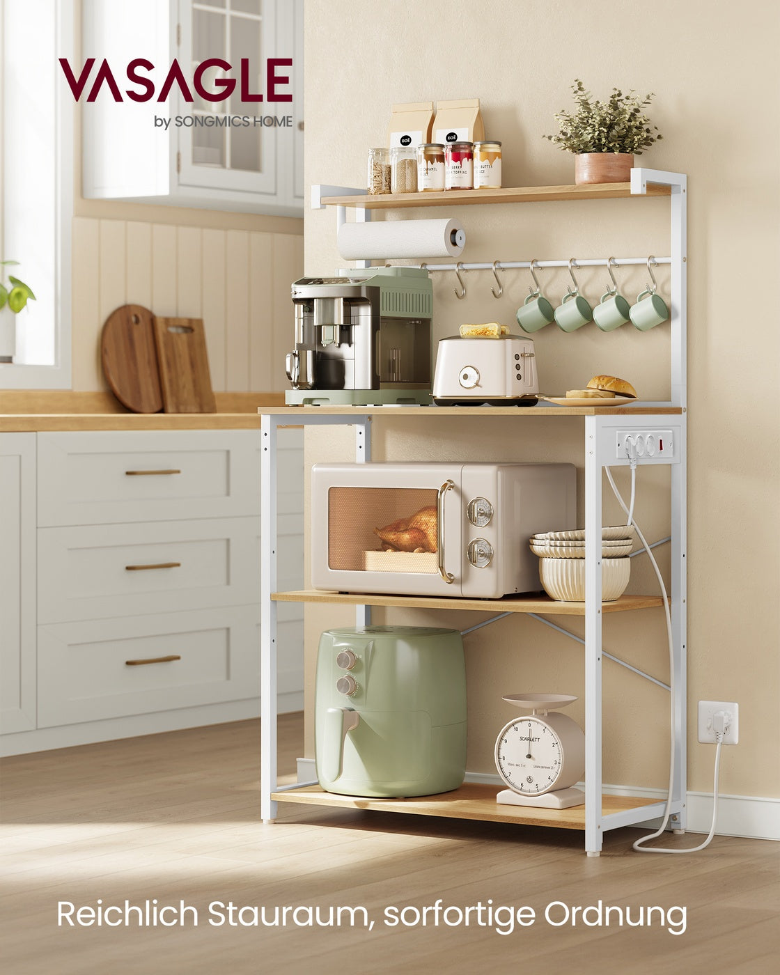 Küchen-Standregal mit Steckdose – Mikrowellenregal mit verstellbarem Regalboden – 60 x 40 x 140 cm – Industriedesign