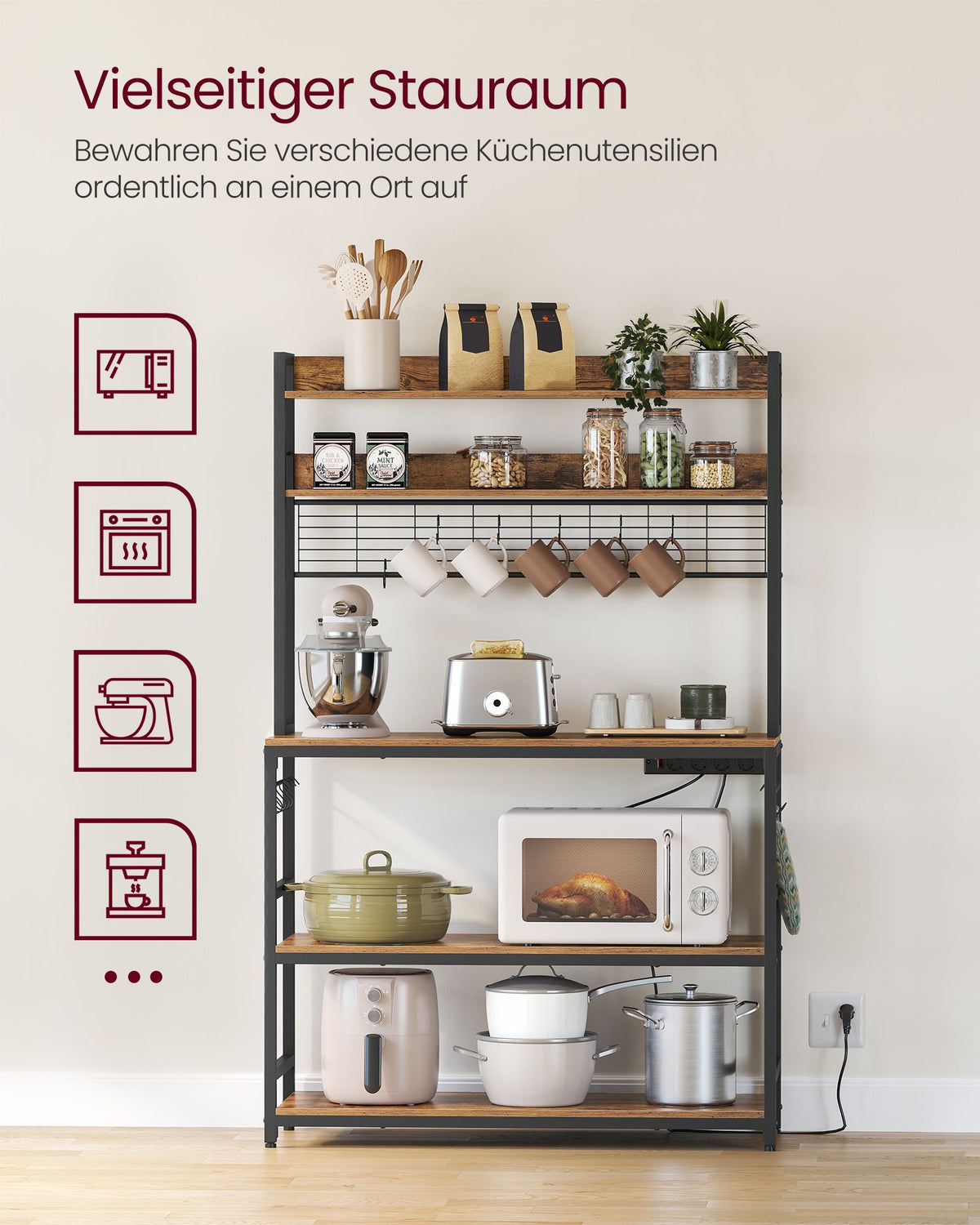 Küchenregal mit Steckdosen – 5 verstellbare Böden – 80 oder 100 cm breit – Haken inklusive
