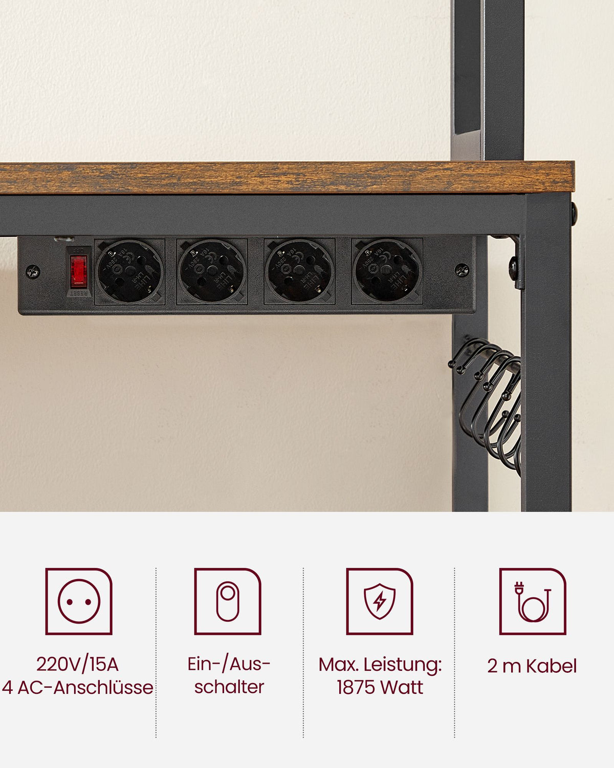 Küchenregal mit Steckdosen – 5 verstellbare Böden – 80 oder 100 cm breit – Haken inklusive