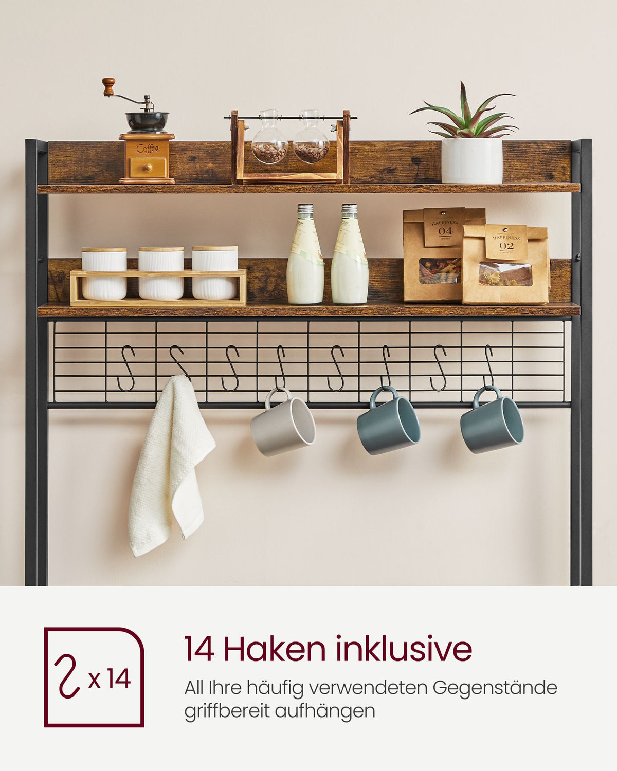 Küchenregal mit Steckdosen – 5 verstellbare Böden – 80 oder 100 cm breit – Haken inklusive