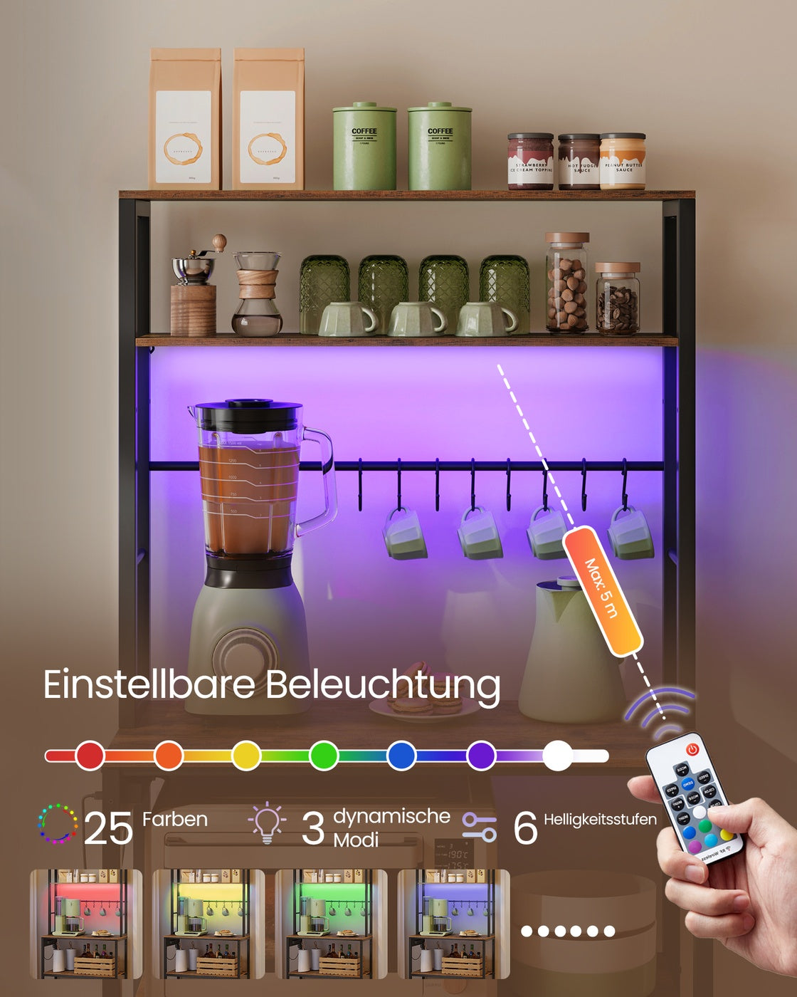 Küchenregal mit LED-Beleuchtung – Industriedesign – Mit Steckdosen und USB-C-Anschluss – Verstellbare Regalböden – 80 cm breit