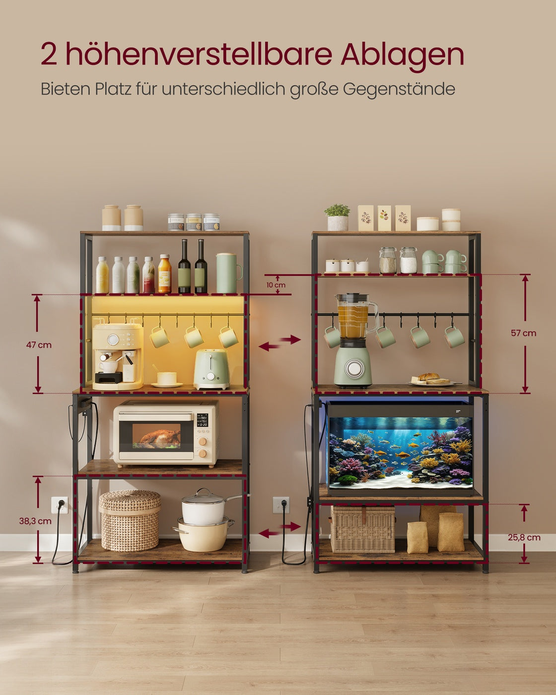 Küchenregal mit LED-Beleuchtung – Industriedesign – Mit Steckdosen und USB-C-Anschluss – Verstellbare Regalböden – 80 cm breit