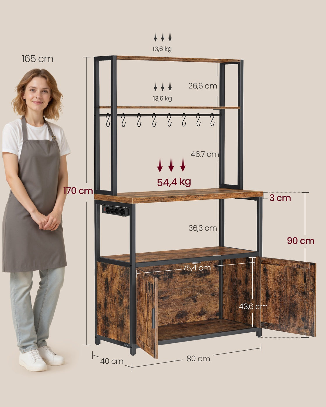 Küchenregal mit Steckdose – 170 cm hoch – Aufbewahrungsschrank mit Arbeitsfläche und Haken