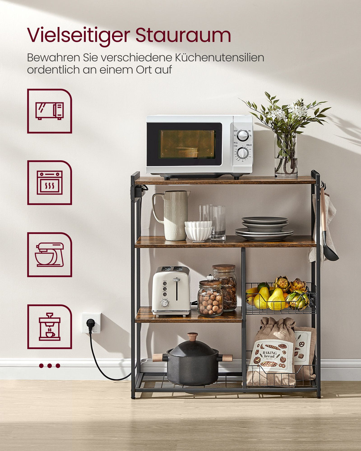 Küchenregal mit Steckdose – 80 cm breit – mit Gitterkörben, 6 Haken und mehreren Ablagen – Mikrowellenregal im Industrie-Look