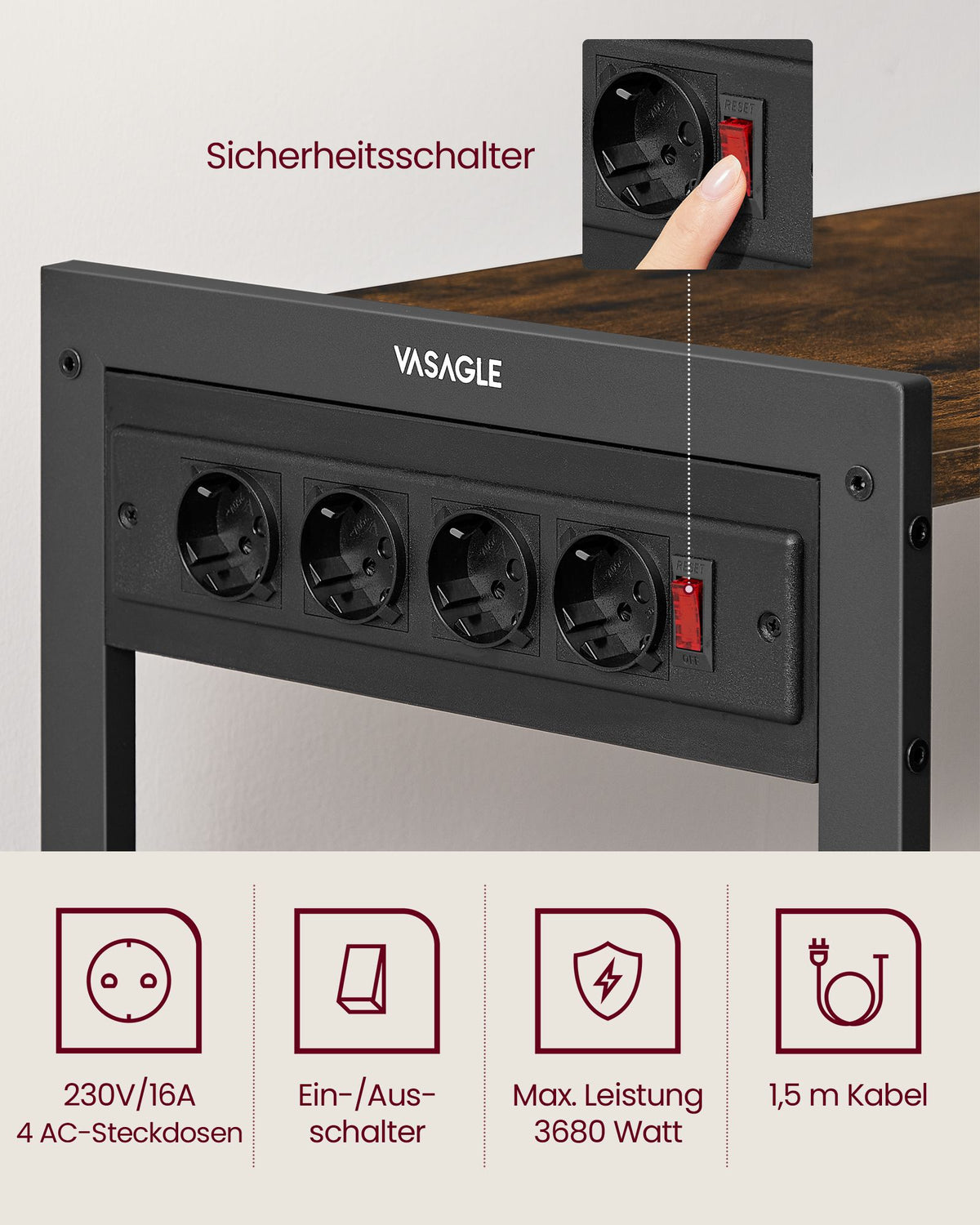 Küchenregal mit Steckdose – 80 cm breit – mit Gitterkörben, 6 Haken und mehreren Ablagen – Mikrowellenregal im Industrie-Look