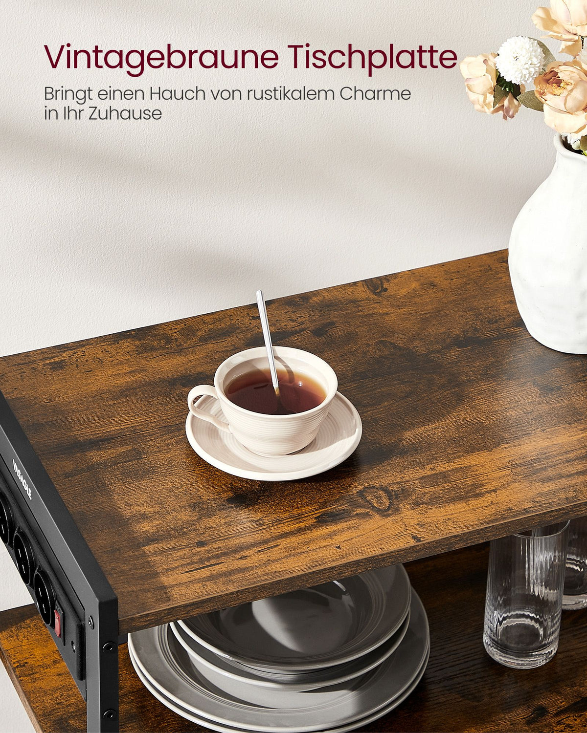 Küchenregal mit Steckdose – 80 cm breit – mit Gitterkörben, 6 Haken und mehreren Ablagen – Mikrowellenregal im Industrie-Look