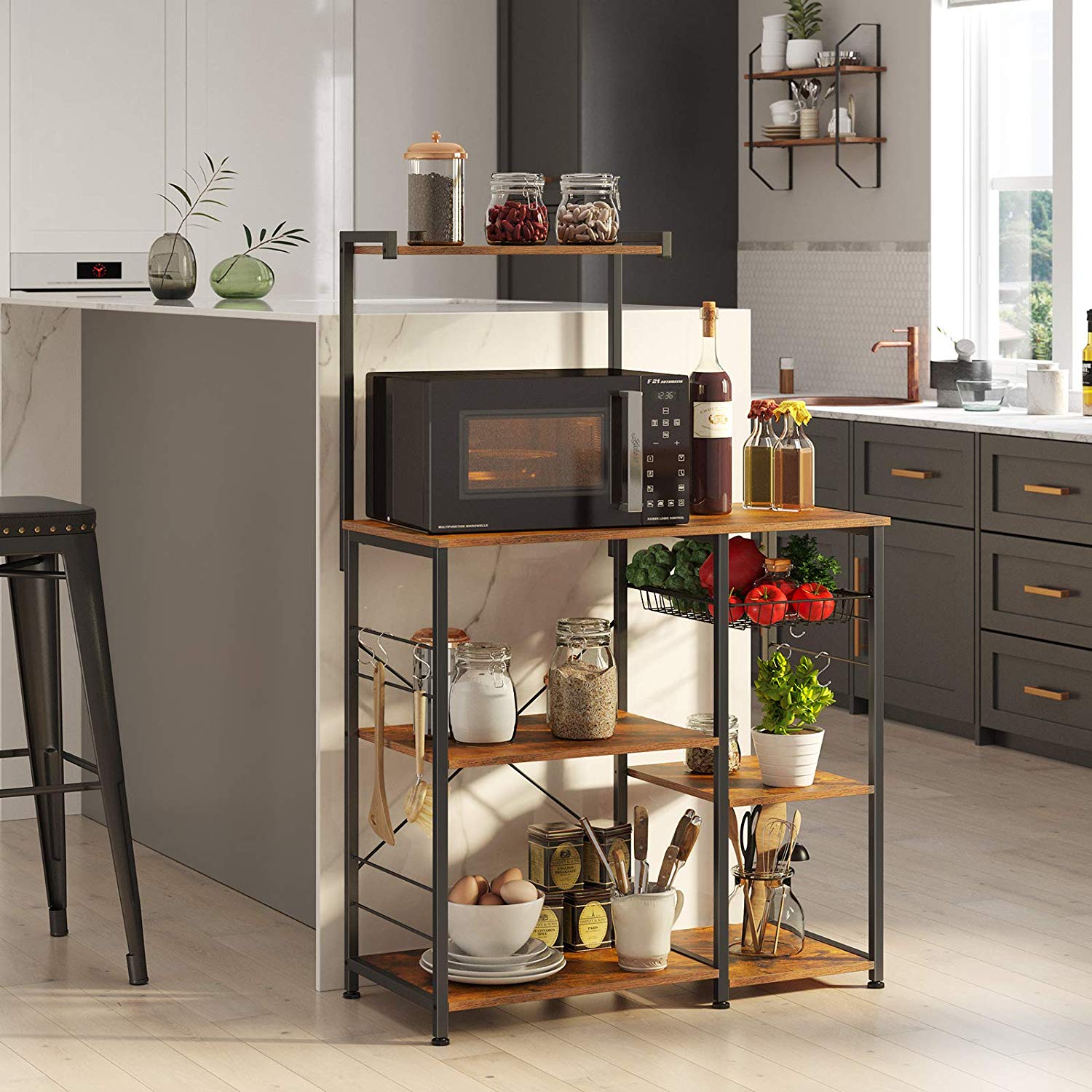 Küchenregal mit Drahtkorb und Haken – Industriedesign – 90 cm breit – Multifunktionales Backregal