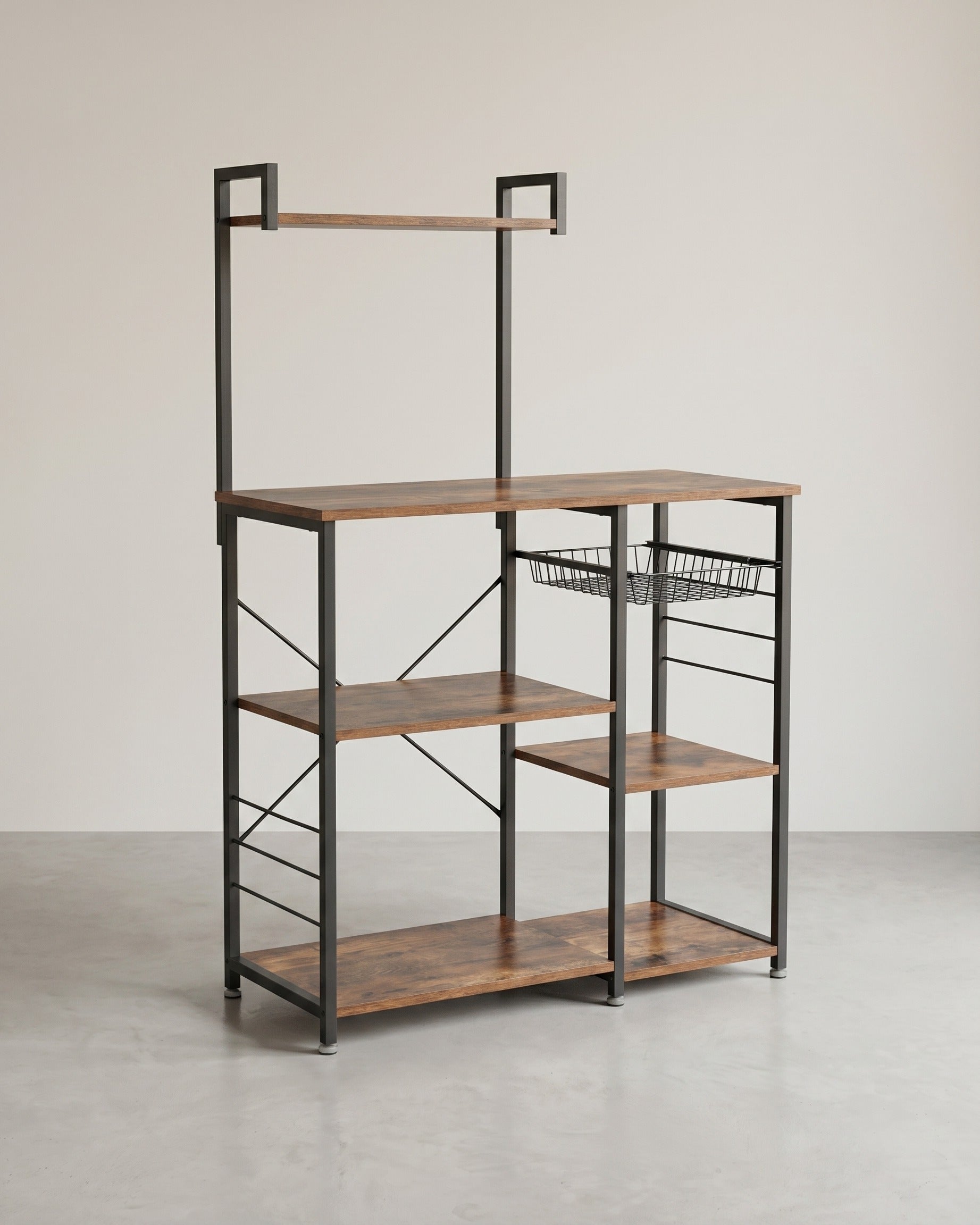 Küchenregal mit Drahtkorb und Haken – Industriedesign – 90 cm breit – Multifunktionales Backregal