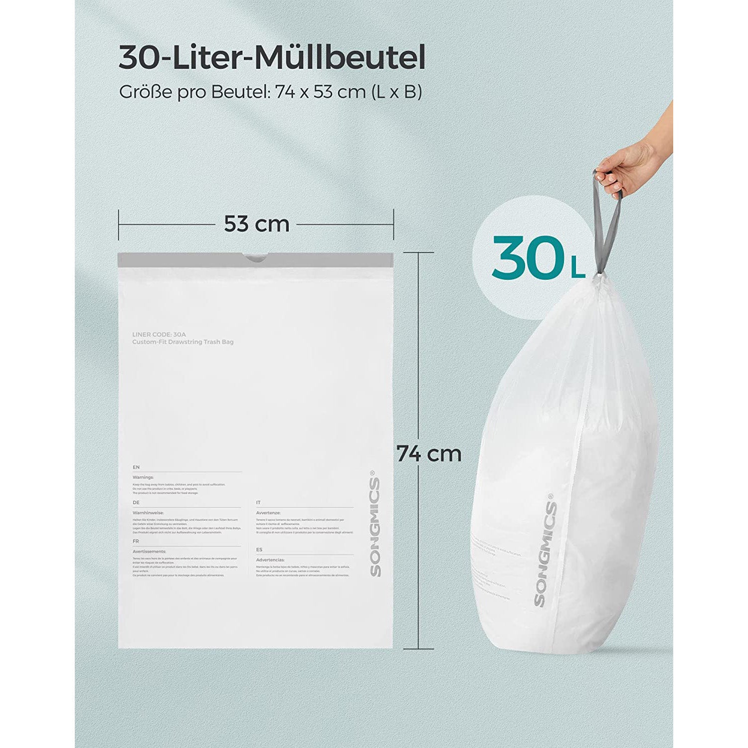 Müllbeutel mit Kordelzug – 30L Fassungsvermögen – Geeignet für Einzel- oder Doppeltonnen – Robust und auslaufsicher – 74 x 53 cm
