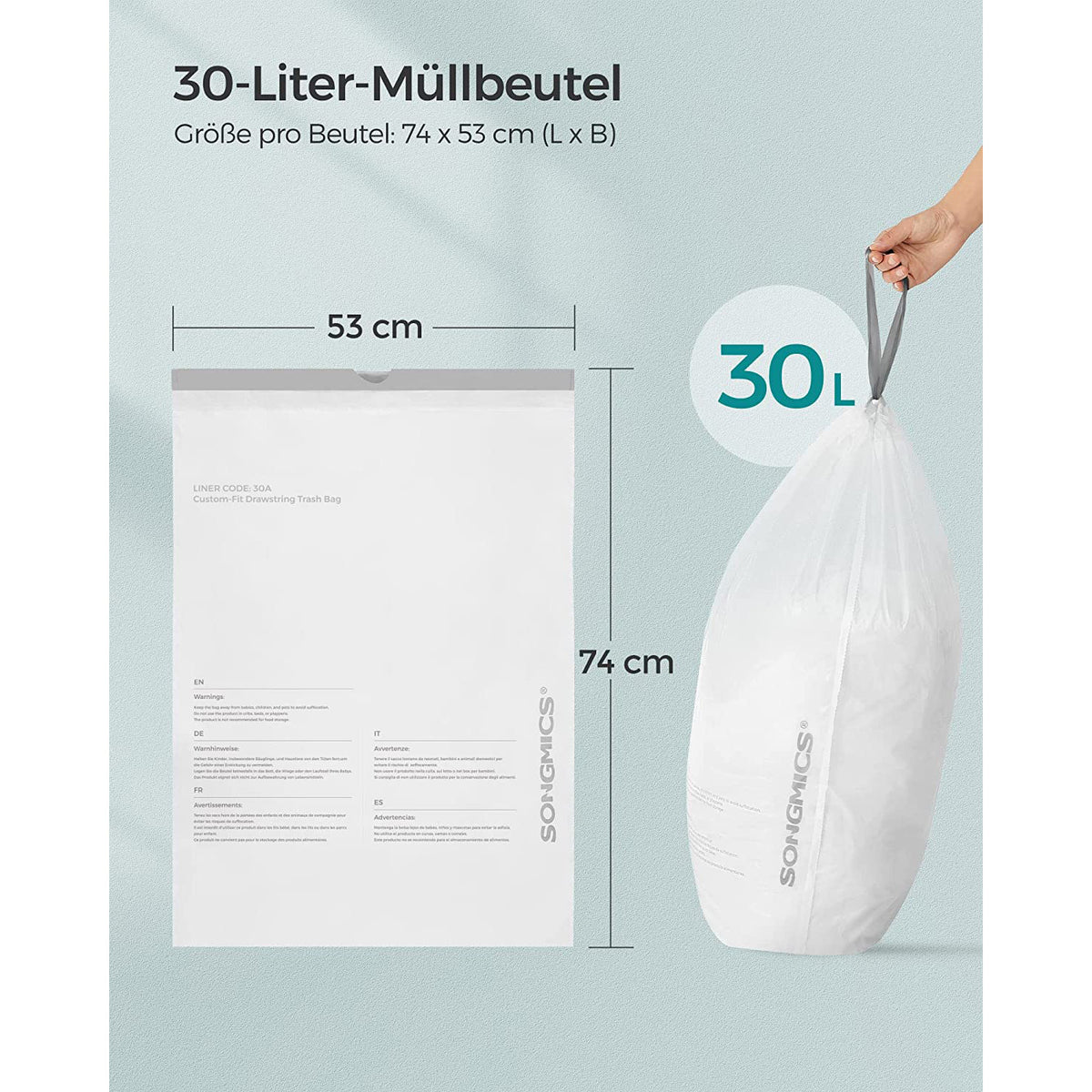Müllbeutel mit Kordelzug – 30L Fassungsvermögen – Geeignet für Einzel- oder Doppeltonnen – Robust und auslaufsicher – 74 x 53 cm