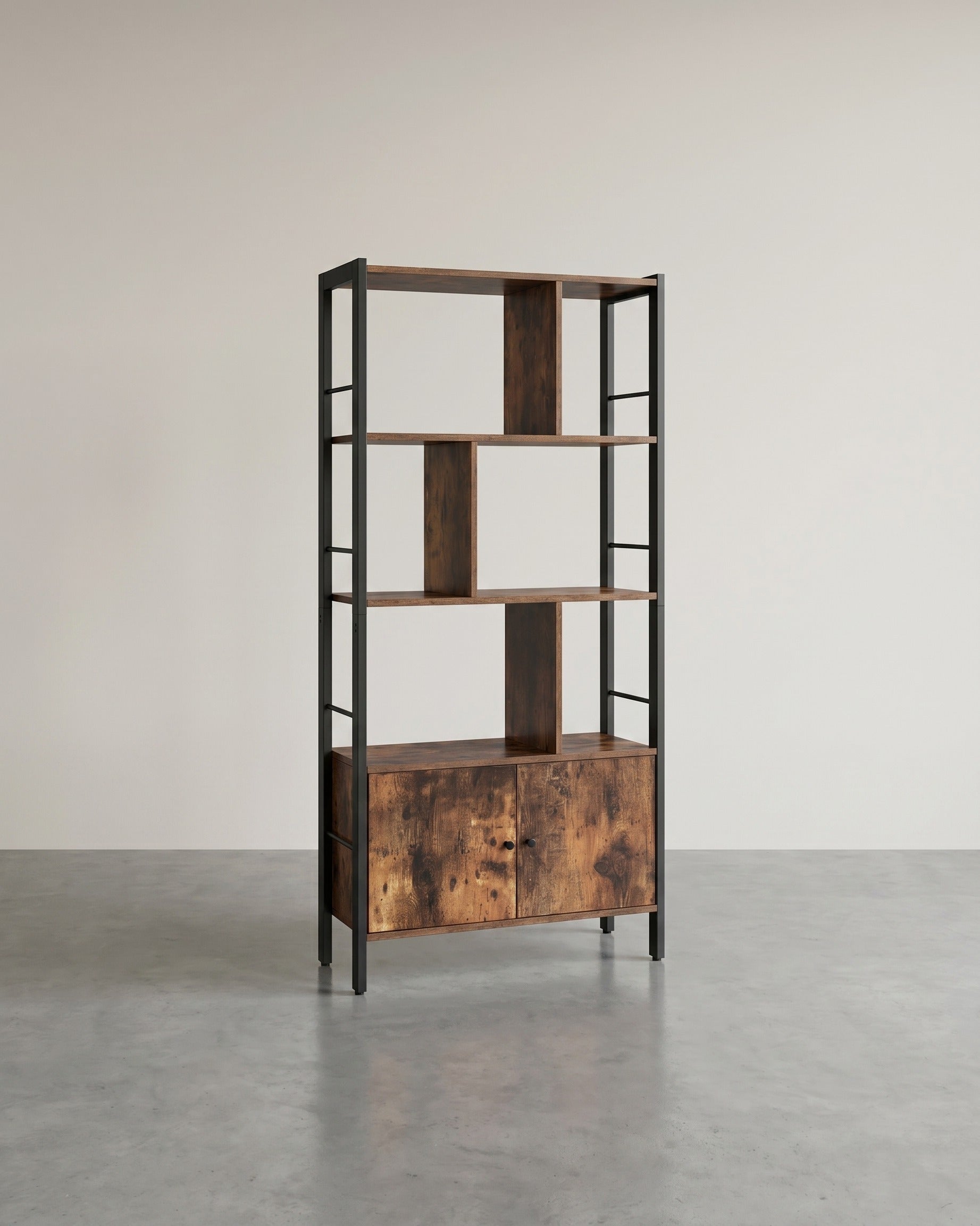 Bücherregal – Industriestil – Modernes Design – 4 Regalböden und Schrank mit Türen – 154,5 cm hoch – Braun