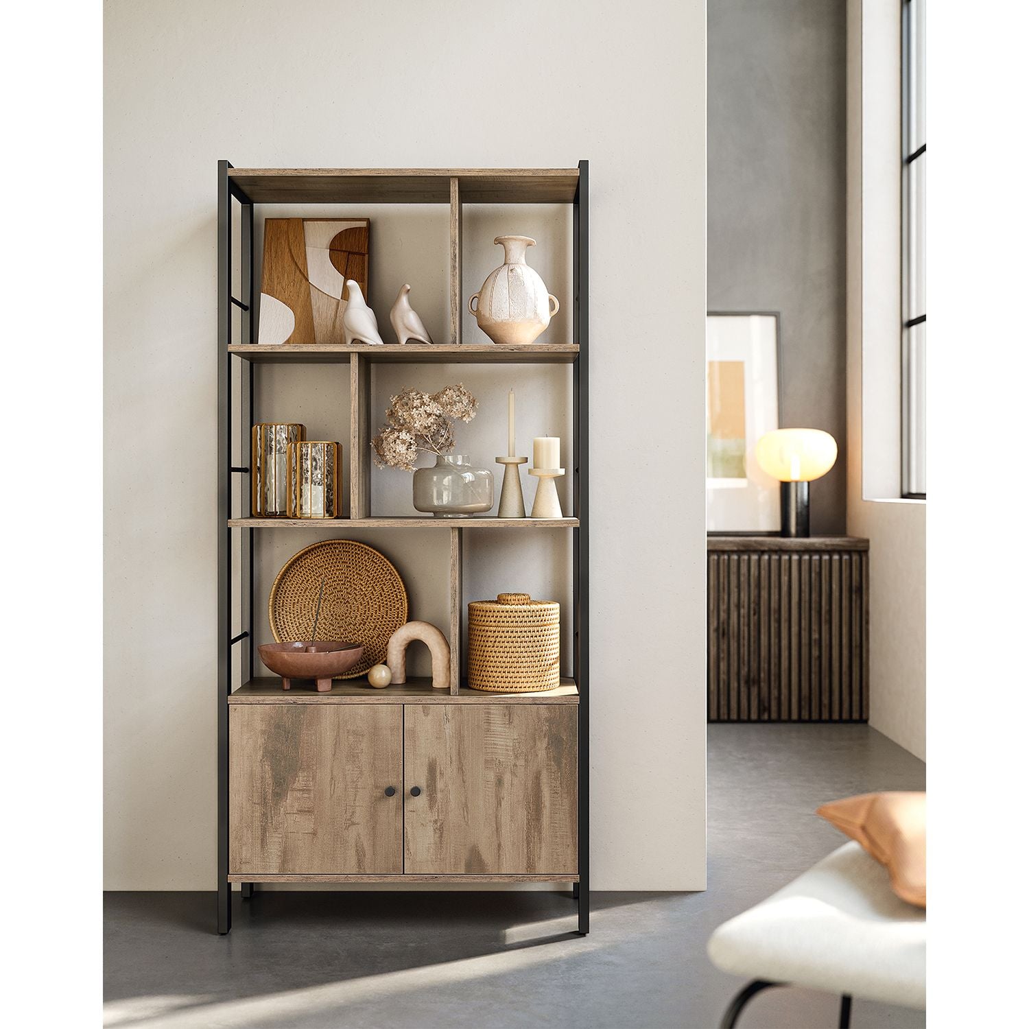 Bücherregal Industriedesign mit Zickzack-Design – 4 offene Böden + Schrank mit Türen – für Wohnzimmer & Büro