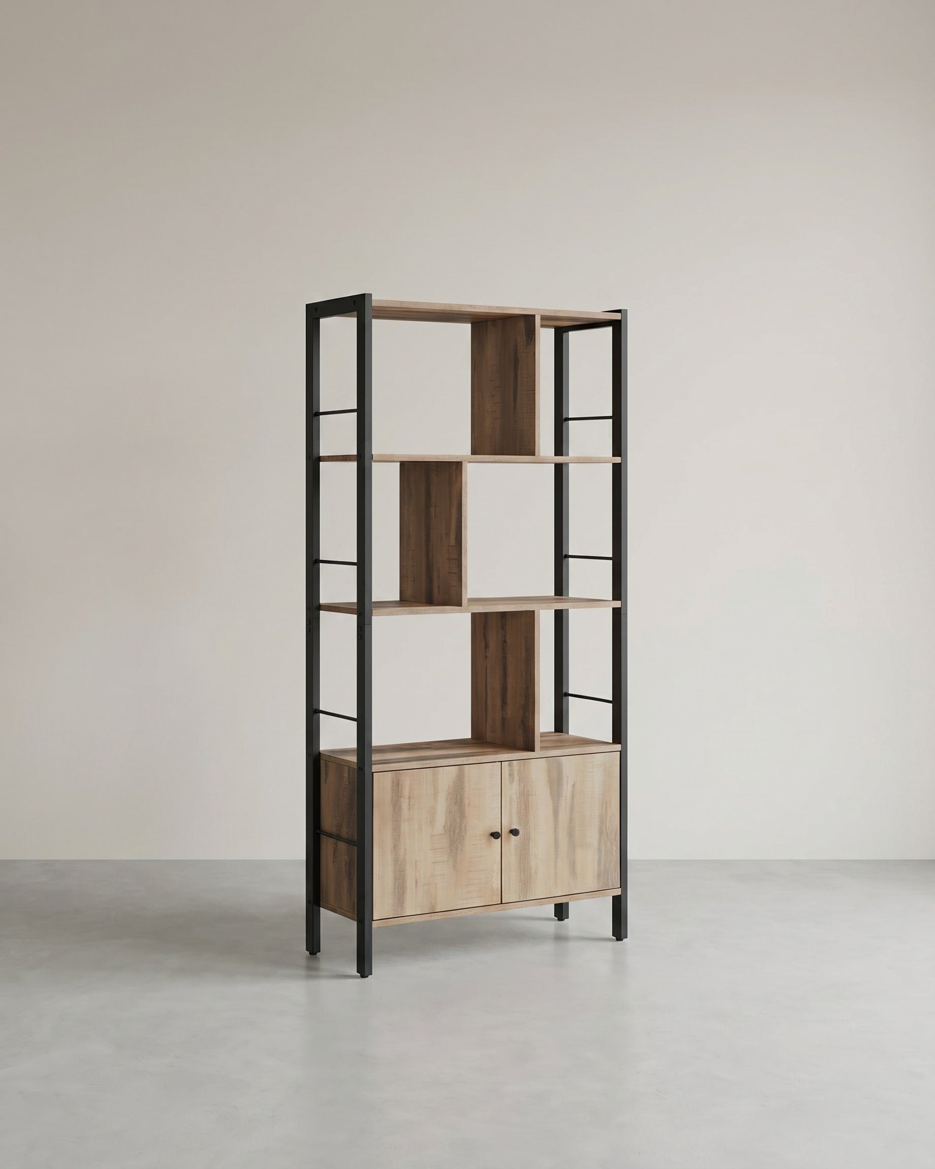 Bücherregal – Industriestil – Modernes Design – 4 Regalböden und Schrank mit Türen – 154,5 cm hoch – Eichenbraun