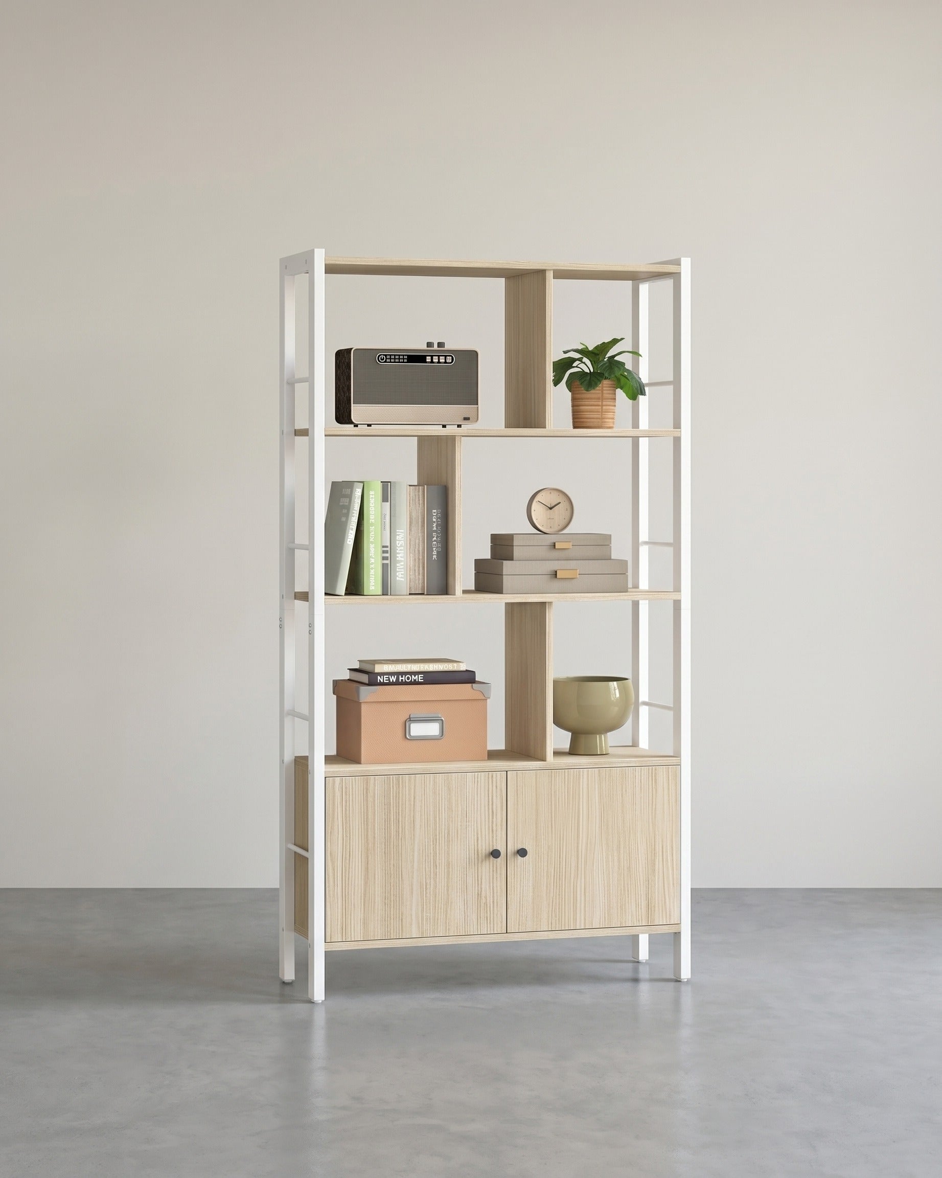 Bücherregal – Industriestil – Modernes Design – 4 Regalböden und Schrank mit Türen – 154,5 cm hoch – Beige