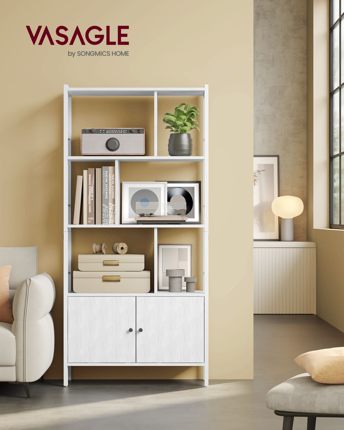 Bücherregal Industriedesign mit Zickzack-Design – 4 offene Böden + Schrank mit Türen – für Wohnzimmer & Büro