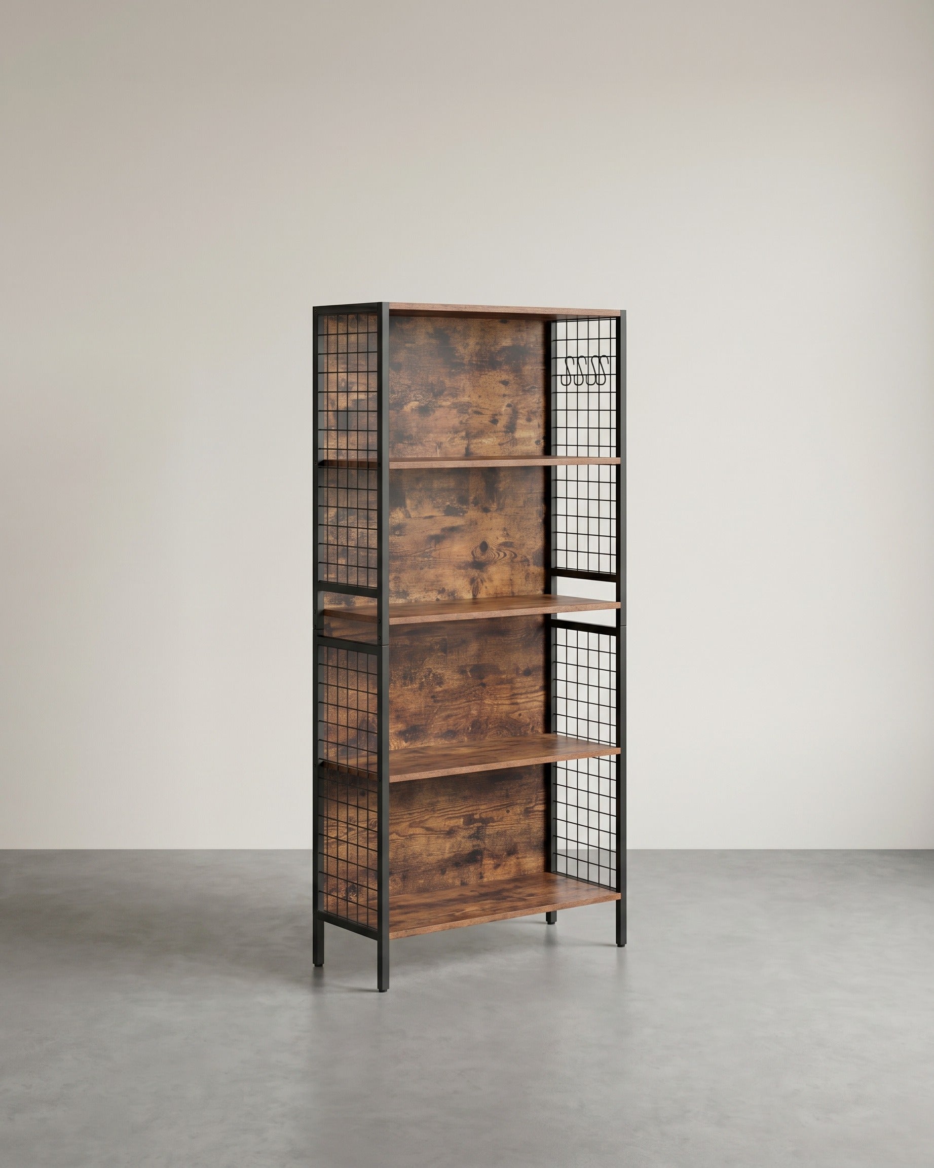 Bücherregal mit 4 Böden – Industrielles Design – Aufbewahrungsschrank mit Haken – 74 x 30 x 155 cm