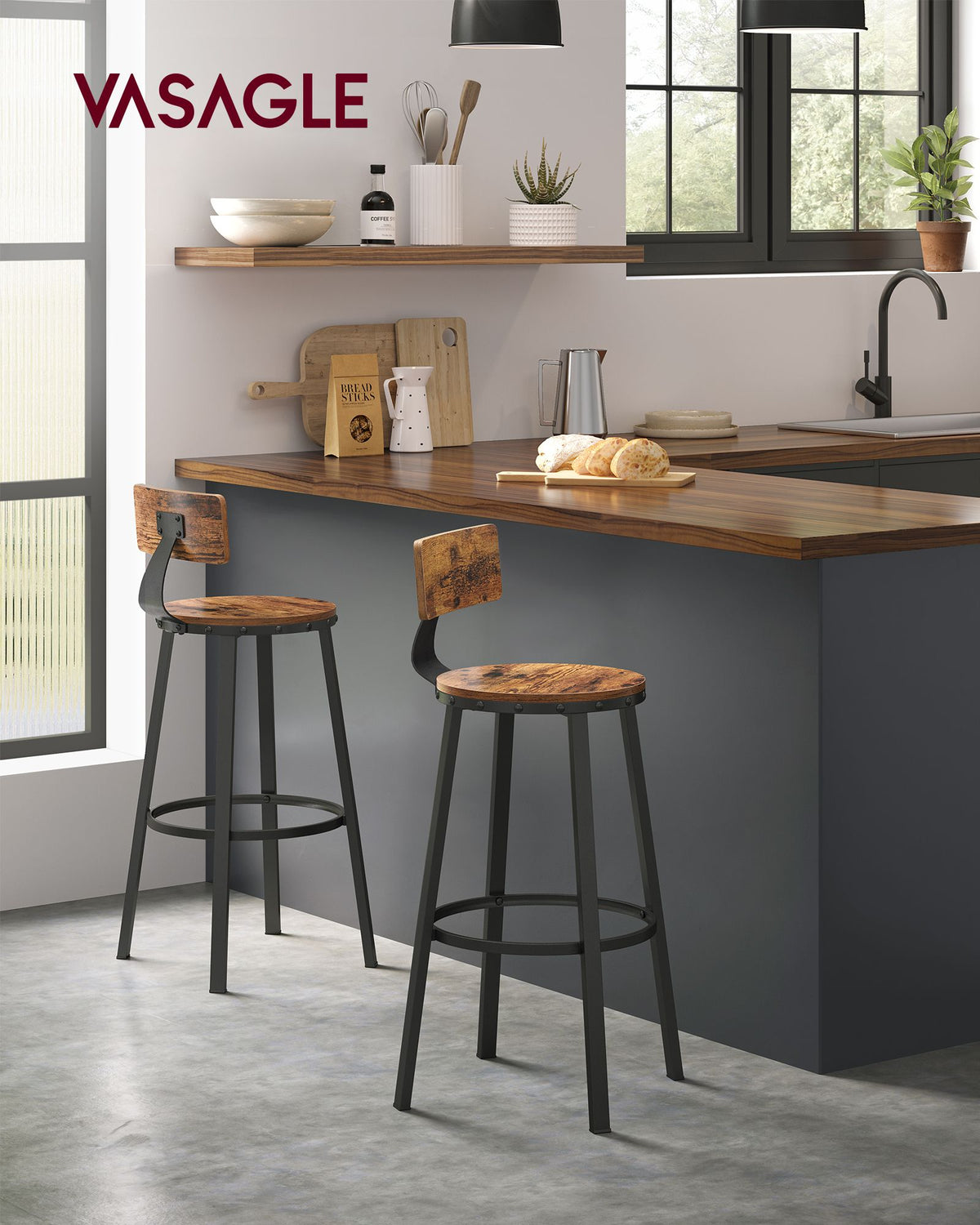 Industrielle Barhocker – 2er-Set – Vintage-Holzsitz