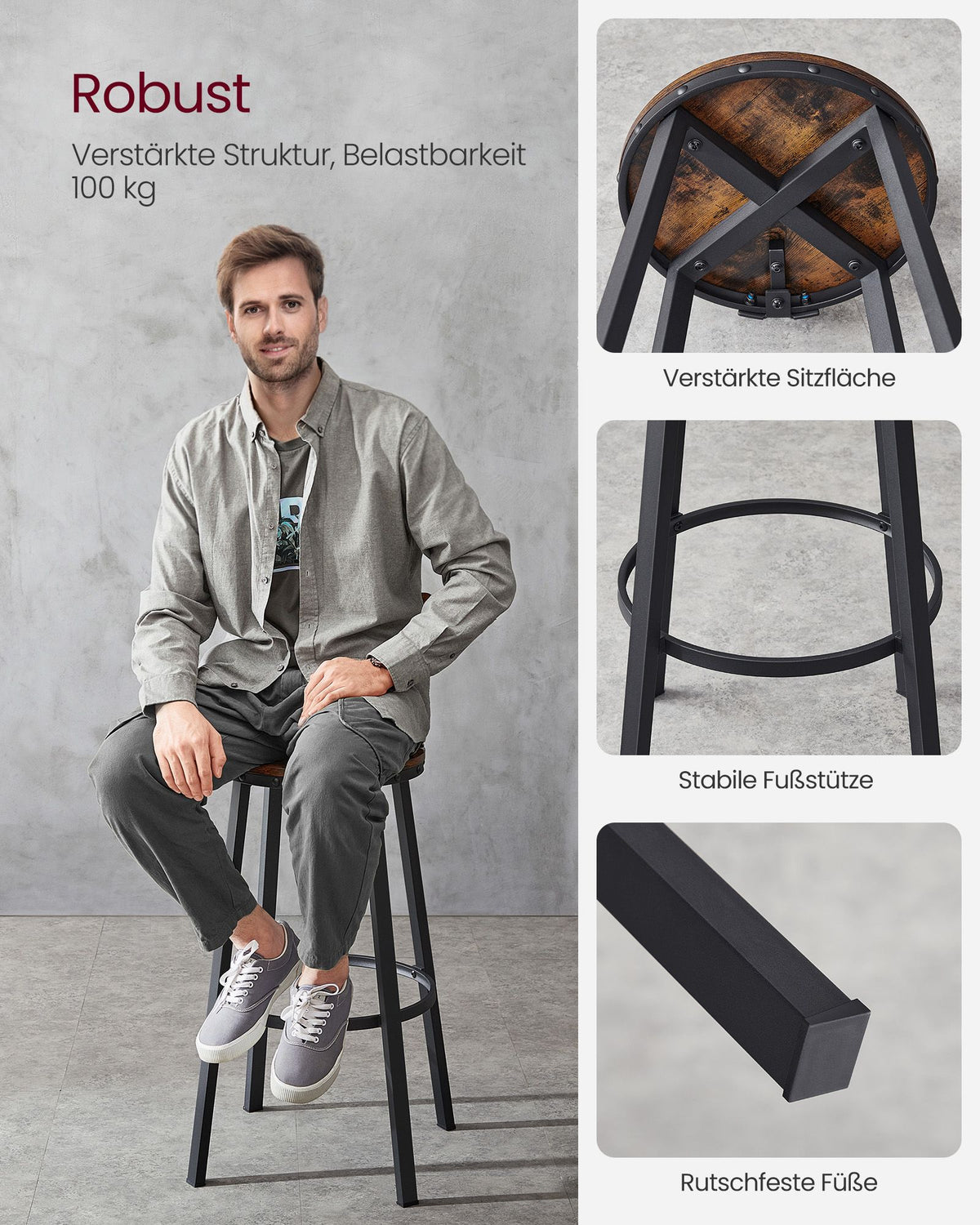 Industrielle Barhocker – 2er-Set – Vintage-Holzsitz