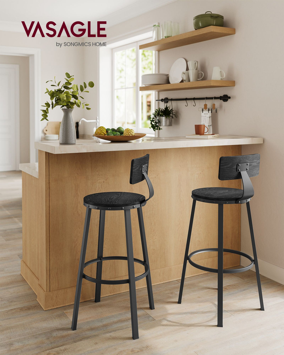 Industrielle Barhocker – 2er-Set – Vintage-Holzsitz