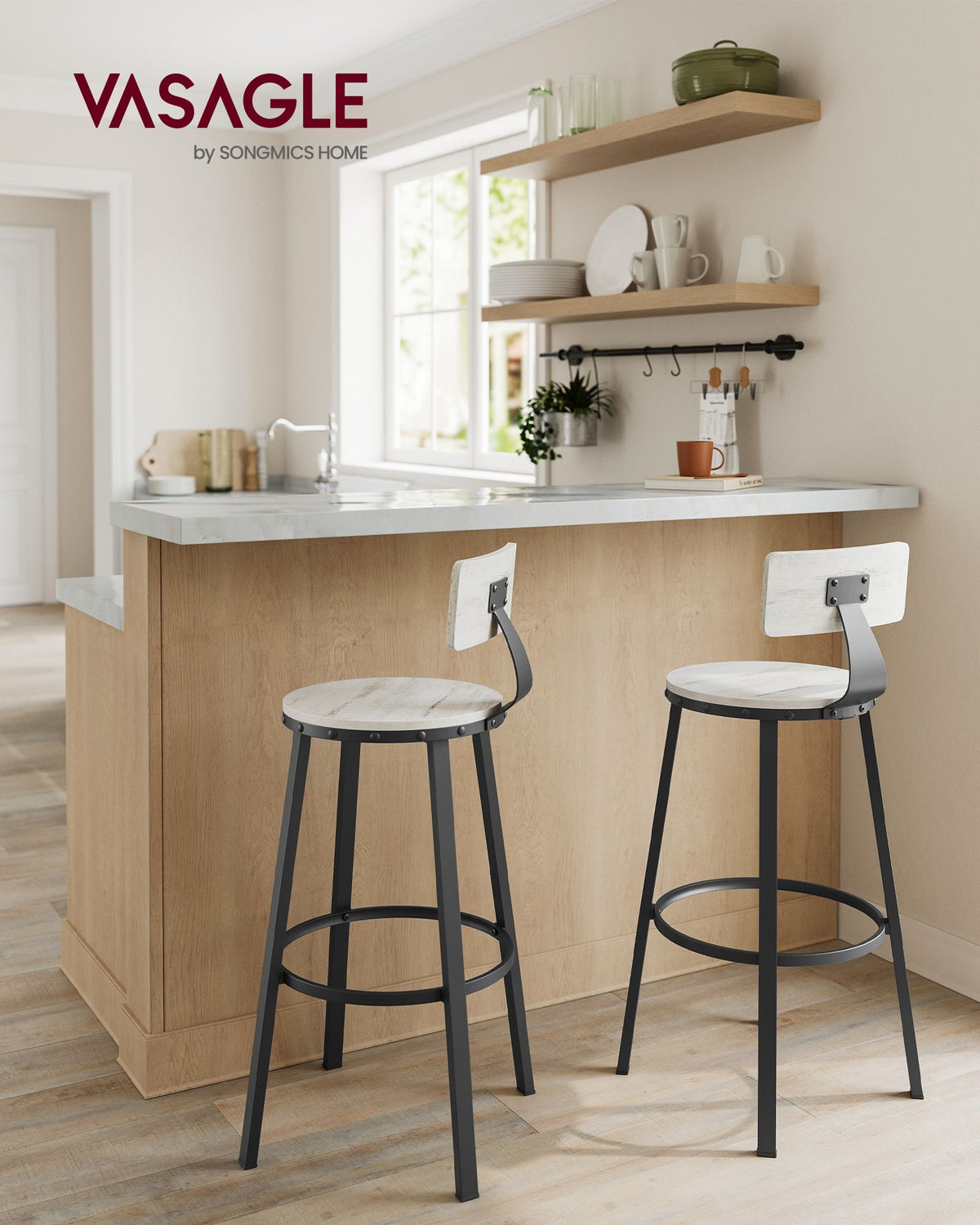 Industrielle Barhocker – 2er-Set – Vintage-Holzsitz