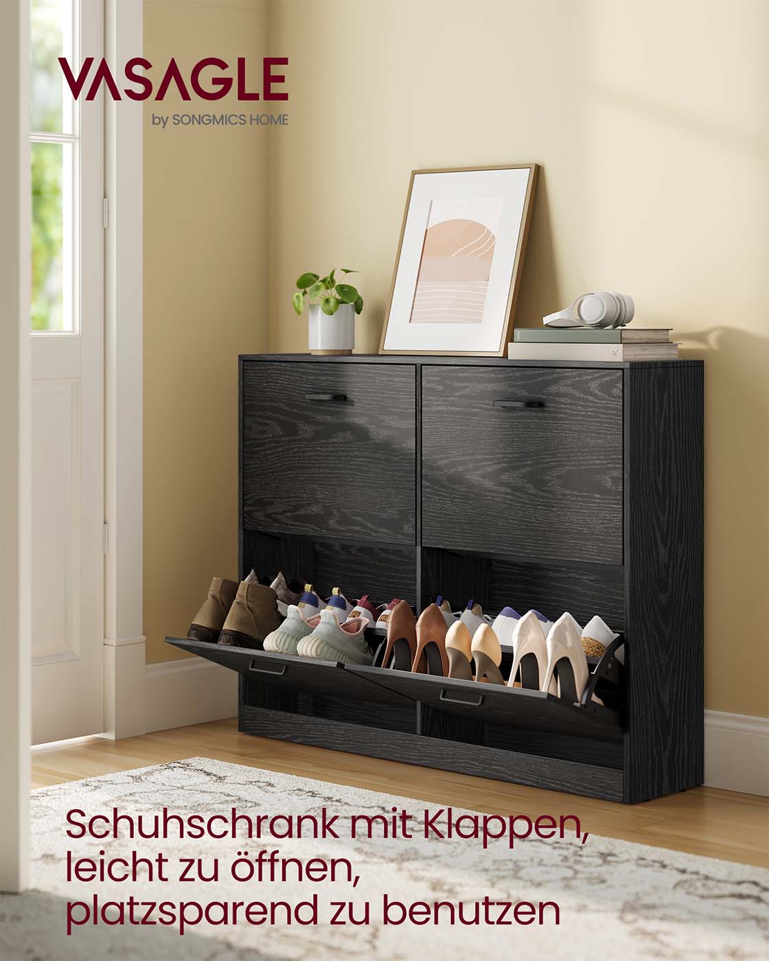 Schuhschrank mit 4 Klappen - schmale Bauform - verstellbare Fächer
