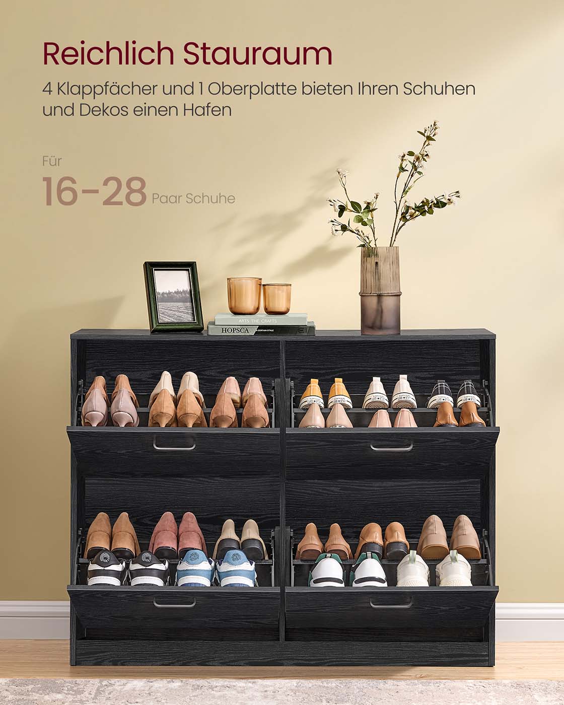 Schuhschrank mit 4 Klappen - schmale Bauform - verstellbare Fächer