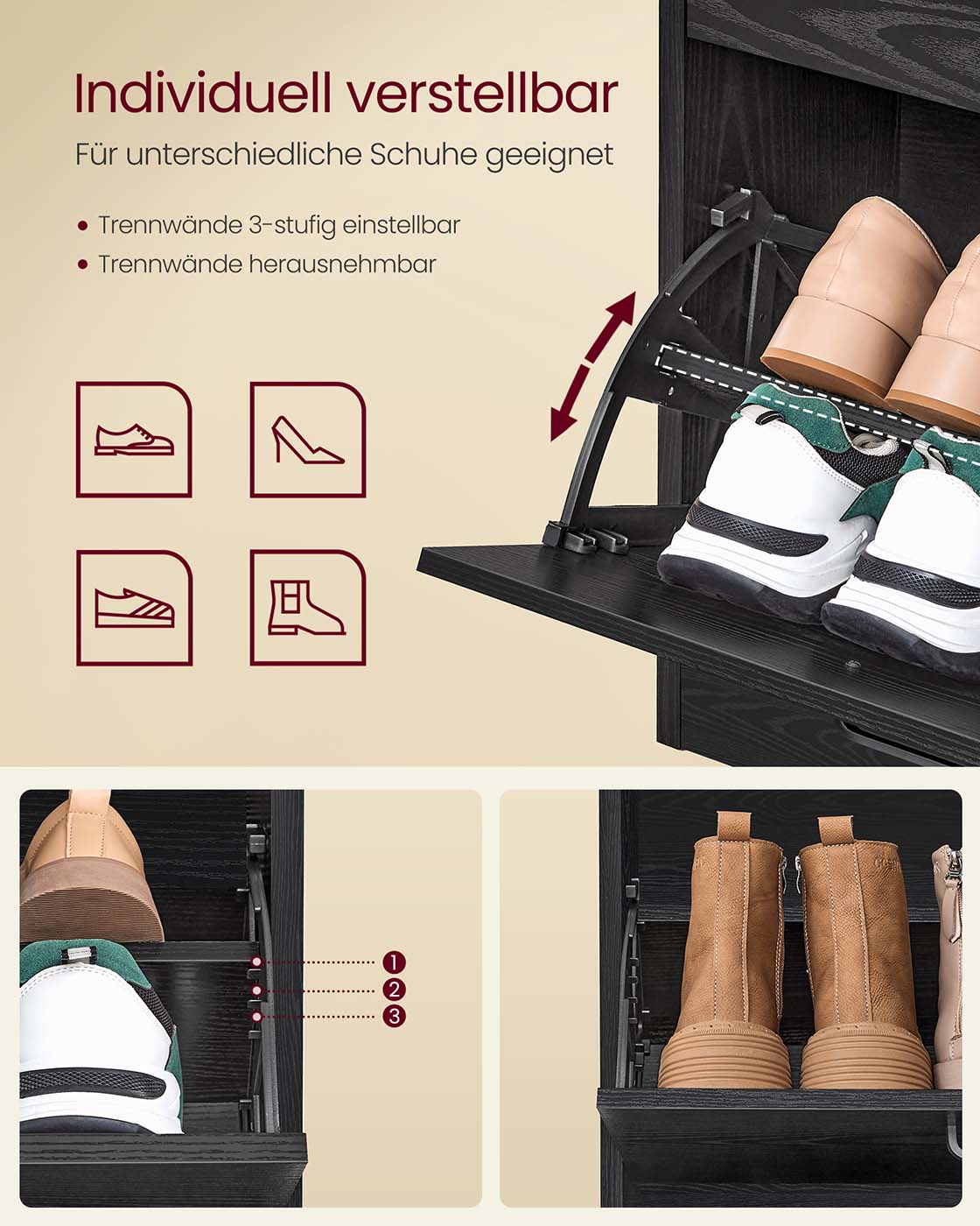 Schuhschrank mit 4 Klappen - schmale Bauform - verstellbare Fächer