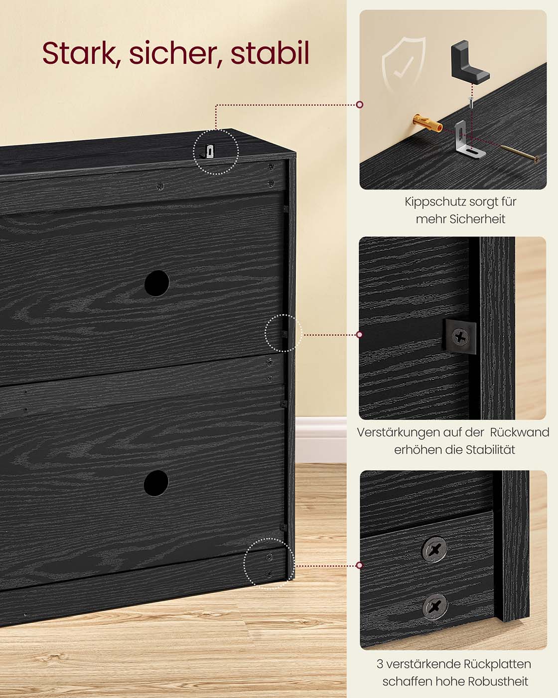 Schuhschrank mit 4 Klappen - schmale Bauform - verstellbare Fächer