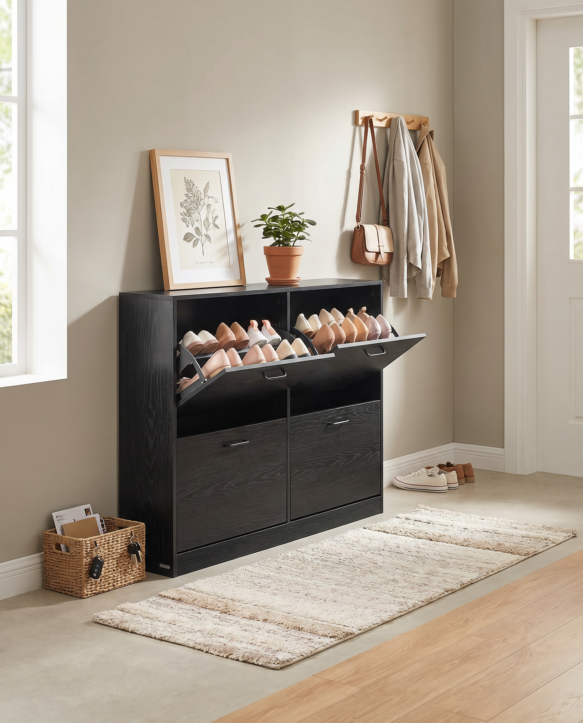 Schuhschrank mit 4 Klappen - schmale Bauform - verstellbare Fächer