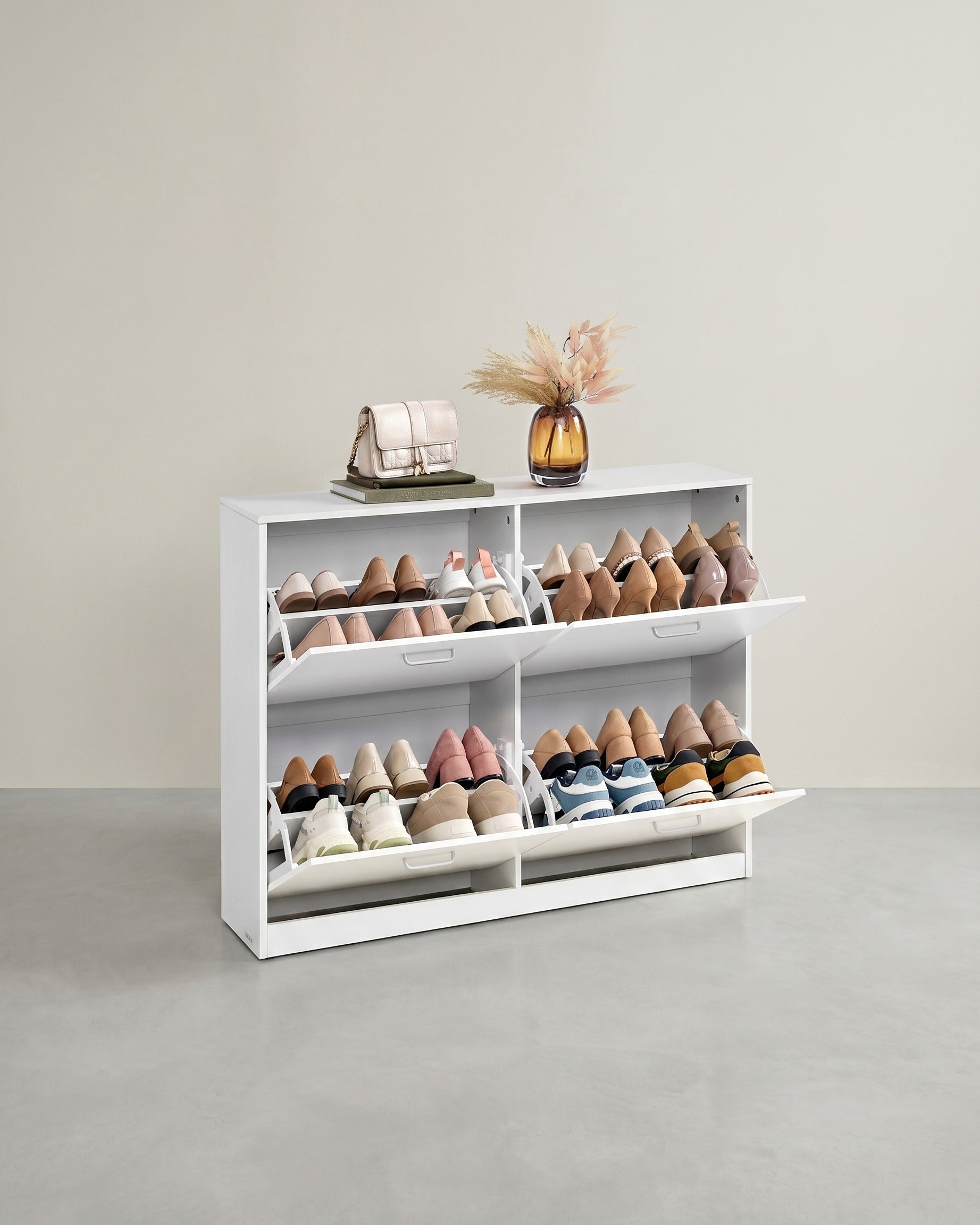Schuhschrank mit 4 Klappen - schmale Bauform - verstellbare Fächer – Weiß
