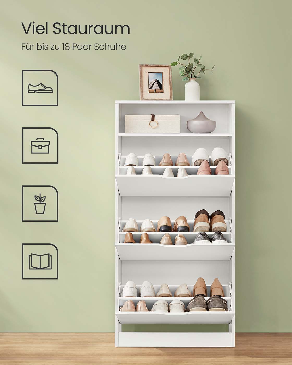 Schuhschrank – Für 14–18 Paar Schuhe – Schmale und hohe Ausführung – Verstellbare Aufteilung – 60 cm breit