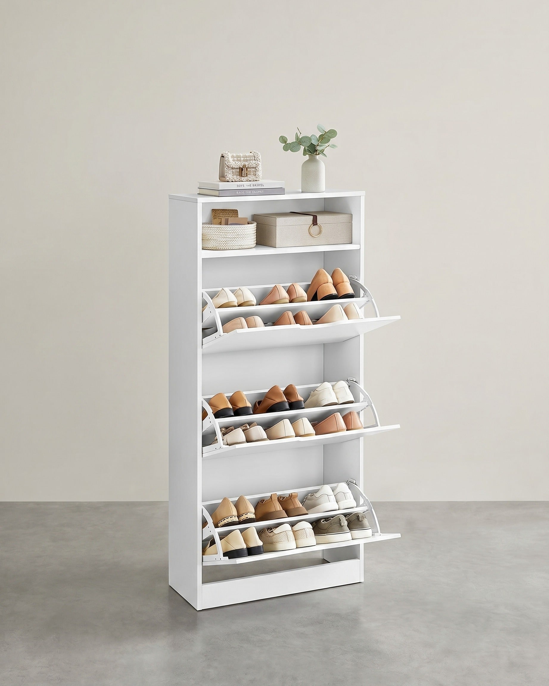 Schuhschrank – Für 14–18 Paar Schuhe – Schmale und hohe Ausführung – Verstellbare Aufteilung – 60 cm breit – Weiß