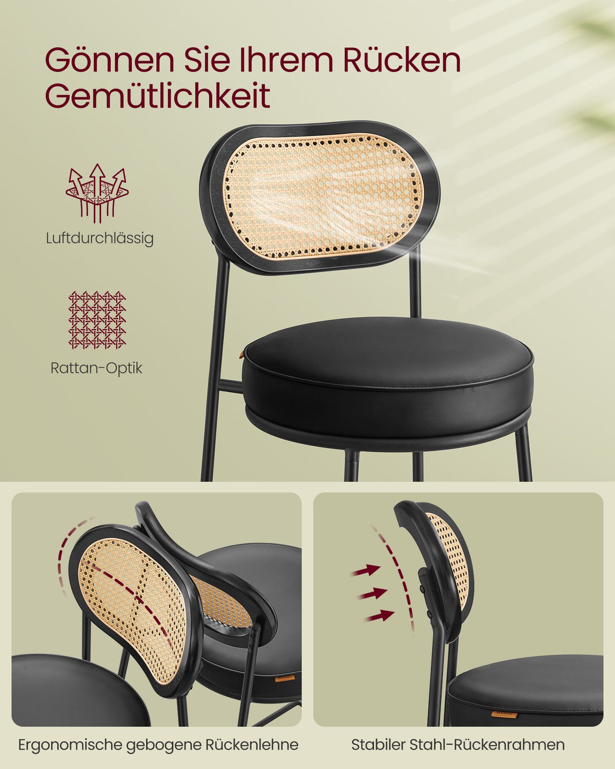 Barhocker 2er Set – BOHO Chic mit Rückenlehne in Rattanoptik – Hoher Sitzkomfort – Für Küche, Bar oder Insel