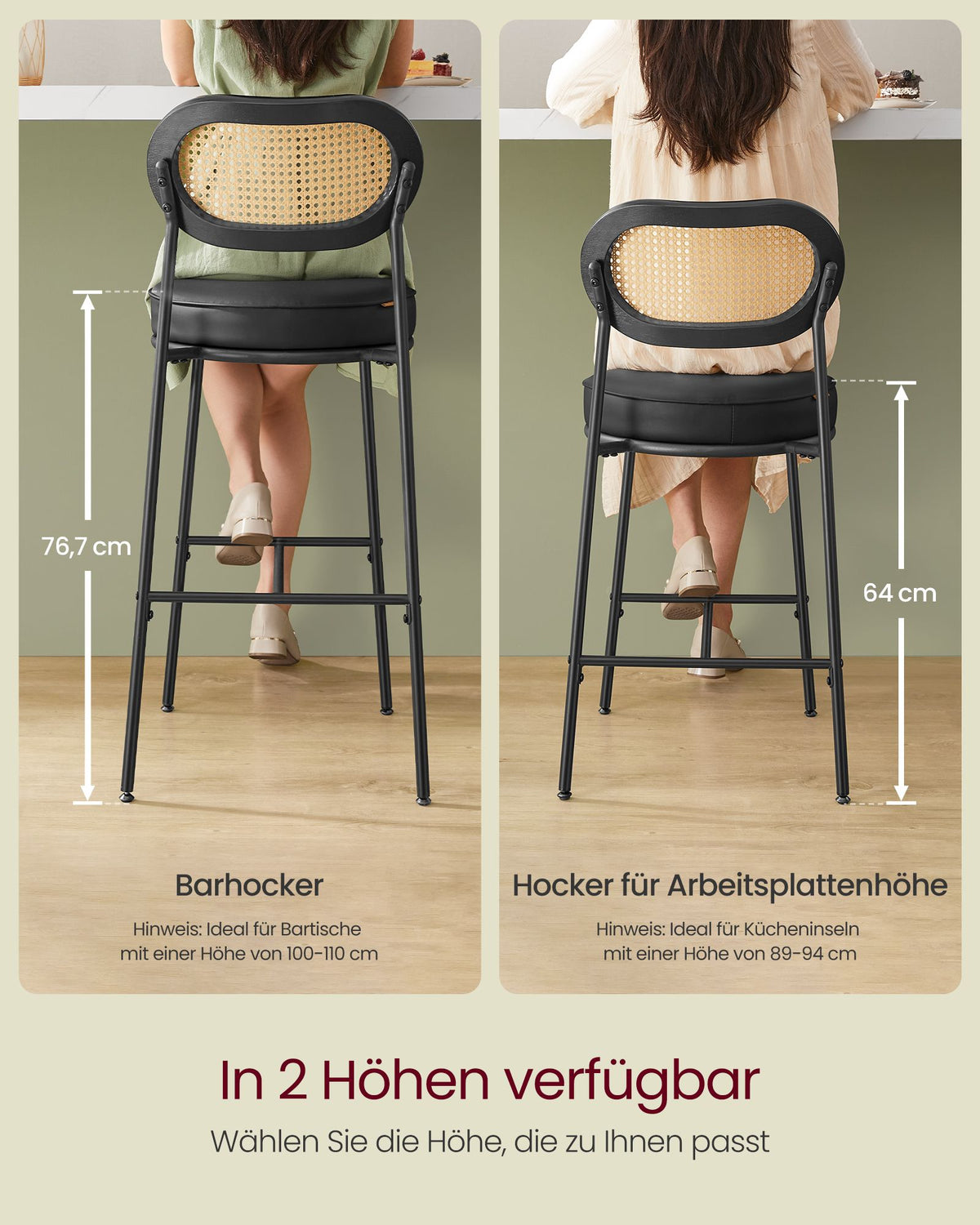 Barhocker 2er Set – BOHO Chic mit Rückenlehne in Rattanoptik – Hoher Sitzkomfort – Für Küche, Bar oder Insel