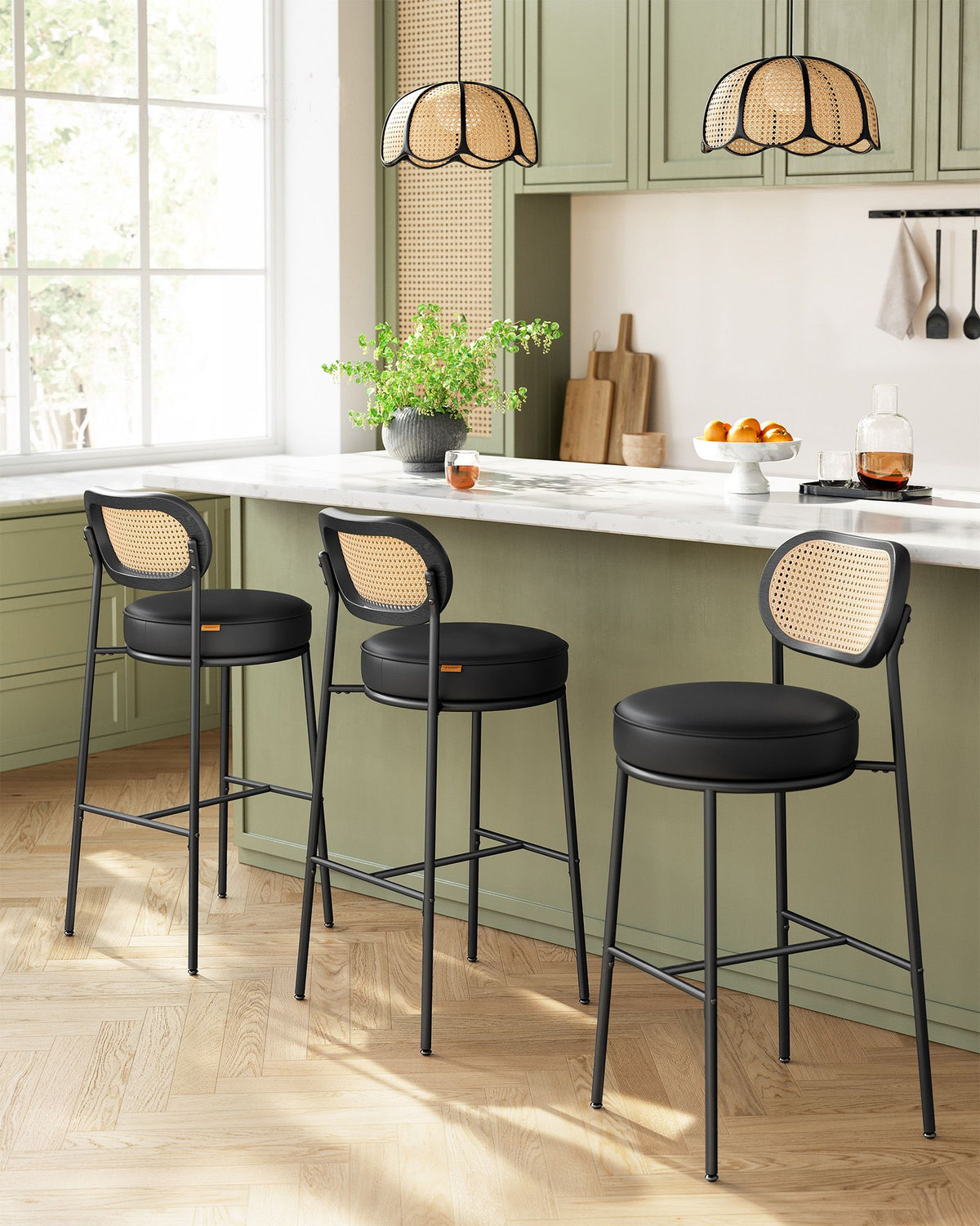 Barhocker 2er Set – BOHO Chic mit Rückenlehne in Rattanoptik – Hoher Sitzkomfort – Für Küche, Bar oder Insel