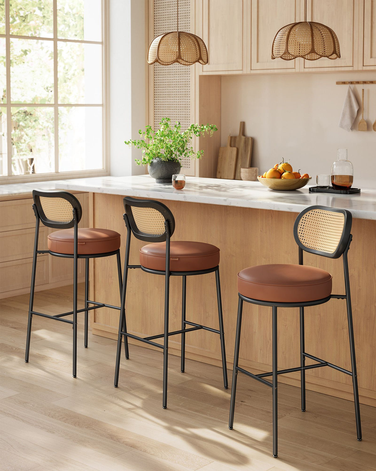 Barhocker 2er Set – BOHO Chic mit Rückenlehne in Rattanoptik – Hoher Sitzkomfort – Für Küche, Bar oder Insel