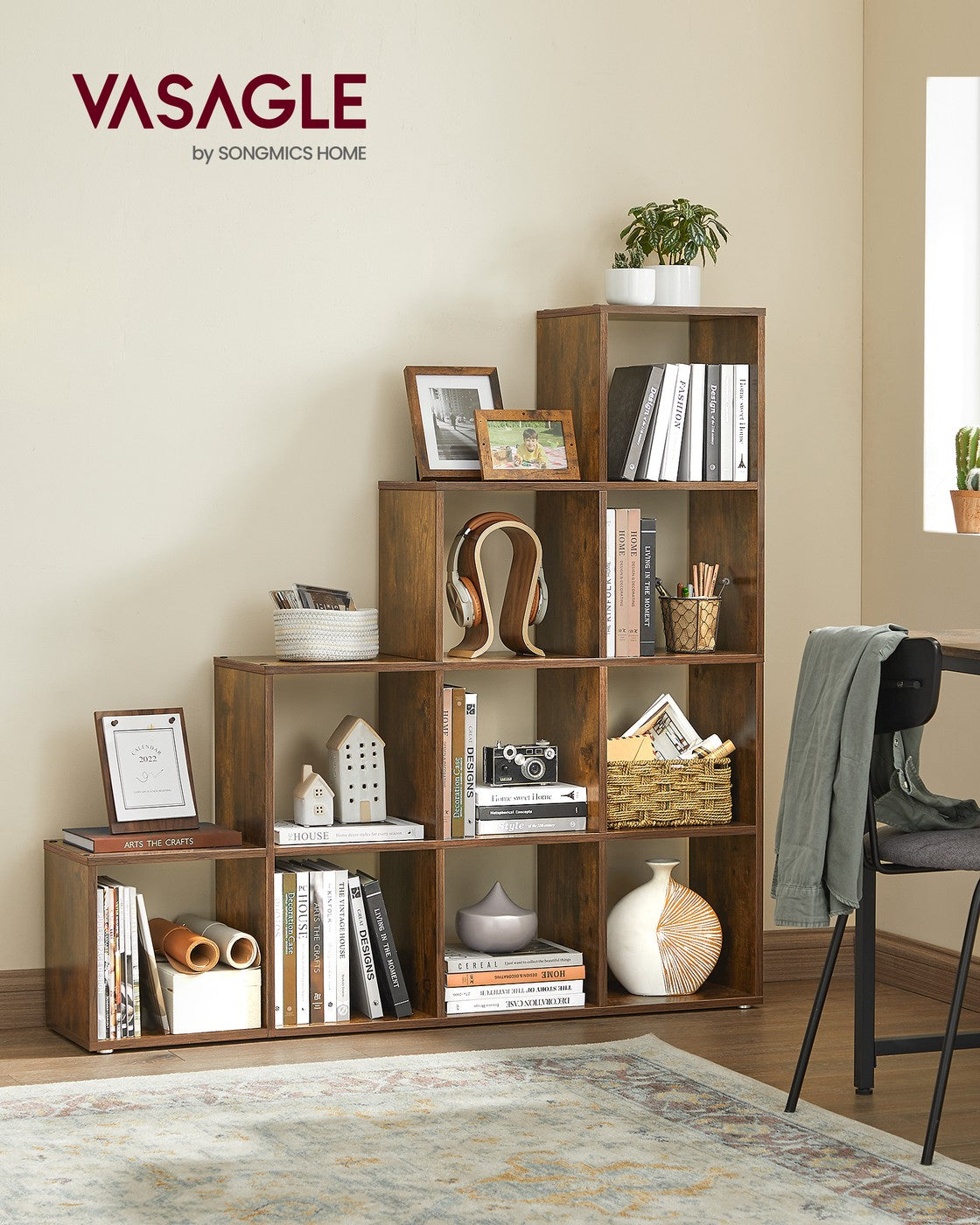 Bücherregal mit 10 Fächern – Treppenförmiges Design – Aufbewahrungsschrank – 129,5 x 29 x 129,5 cm