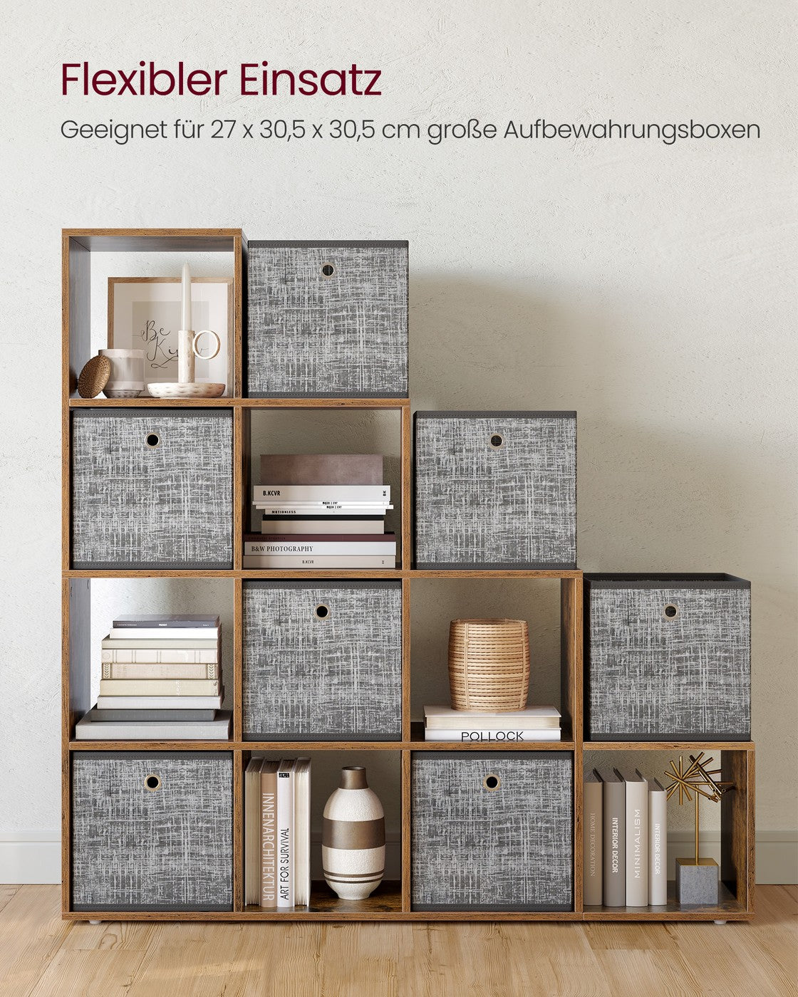Bücherregal mit 10 Fächern – Treppenförmiges Design – Aufbewahrungsschrank – 129,5 x 29 x 129,5 cm