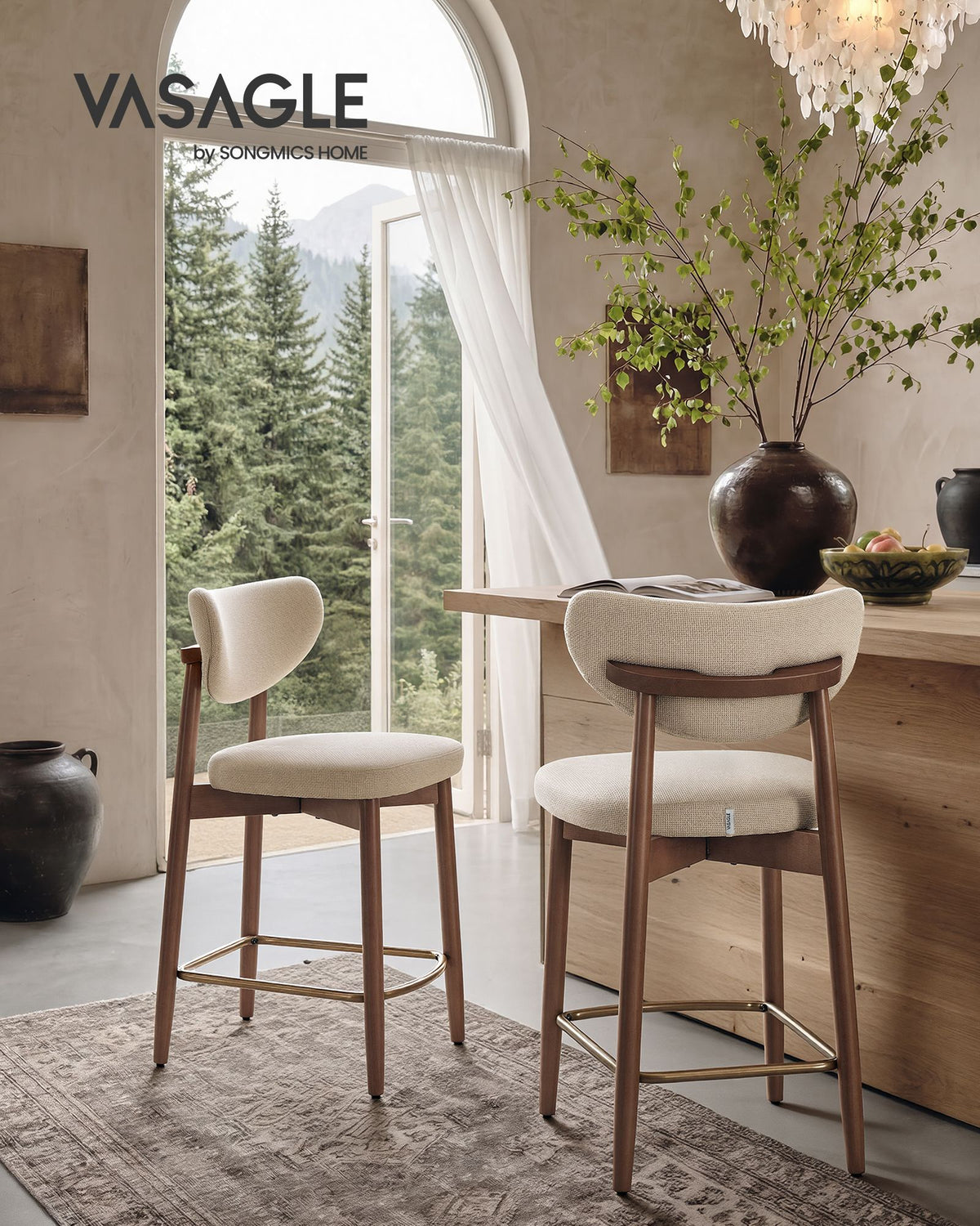 2er-Set Barhocker Mit Rückenlehne - Leinenoptik Mit Massiven Holzbeinen - Extra Dickes Sitzkissen